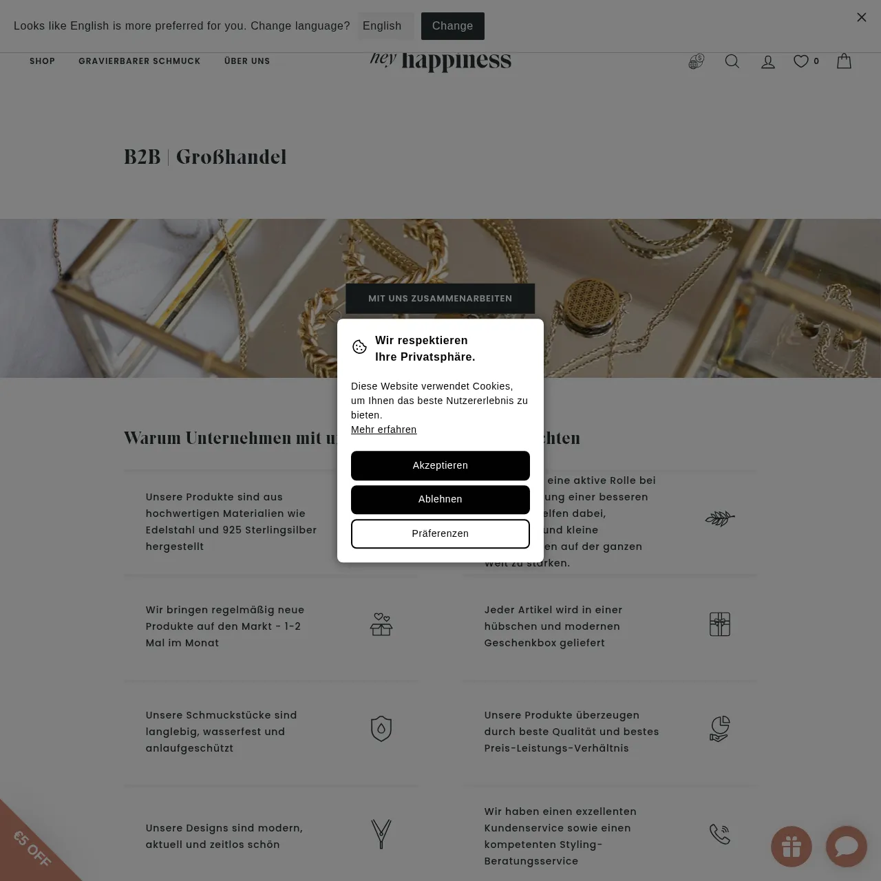 Hey Happiness – B2B Schmuck Großhandel (Modeschmuck & Echtgold) interface