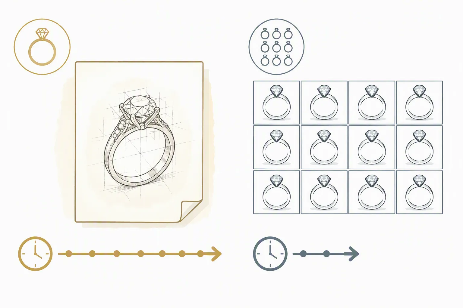custom jewelry - Side-by-side comparison of a bespoke custom jewelry order sheet versus a 12-piece minimum catalog stock sample from a wholesale OEM supplier, illustrating the MOQ and lead time contrast