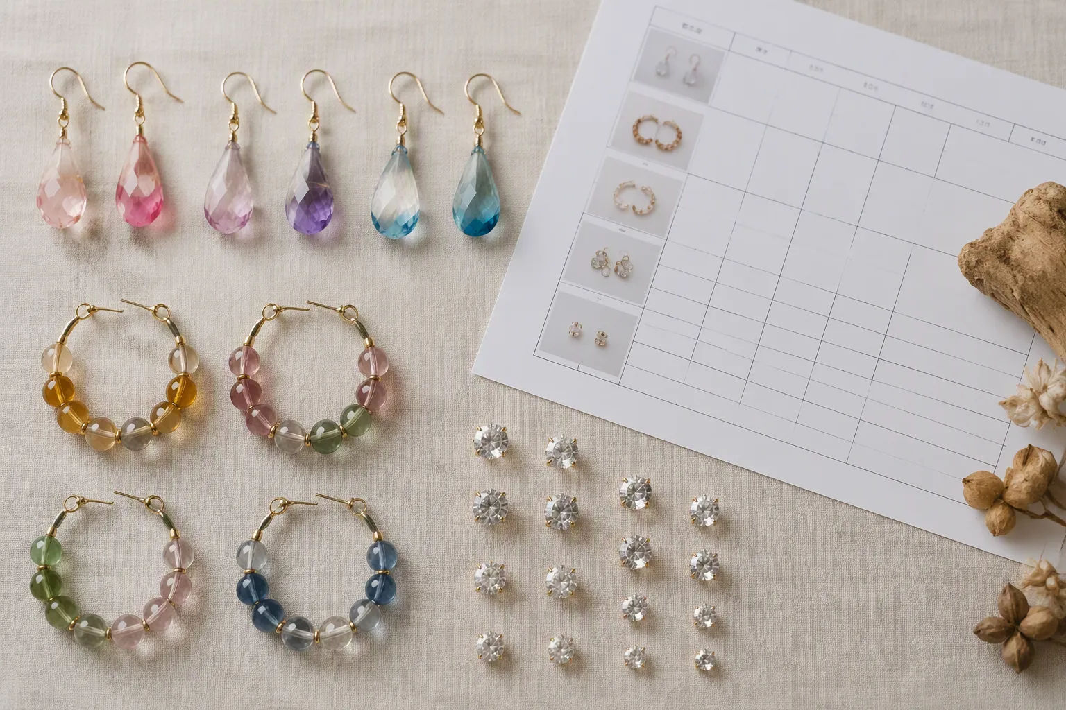 custom jewelry - Editorial photo of a flat-lay comparison showing wholesale stock catalog earring samples — gradient crystal drops, two-tone glass bead hoops, and rhinestone studs — alongside a sourcing checklist with MOQ, lead time, and QC fields