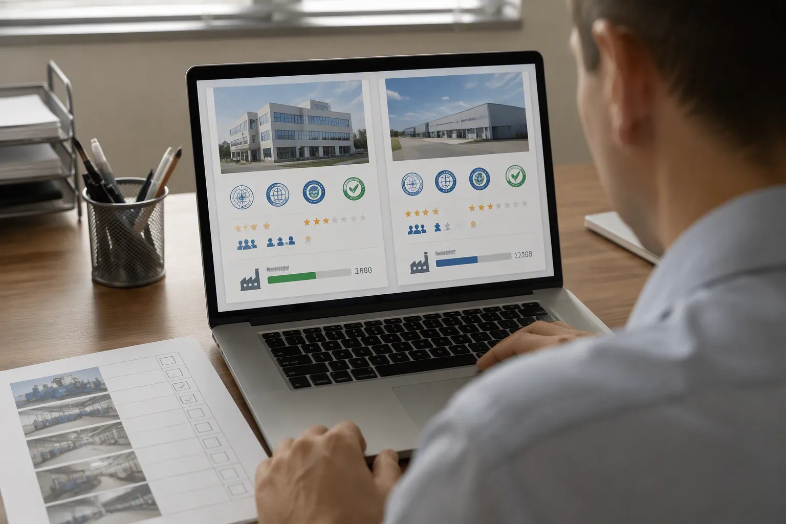 china trade deal - Photorealistic scene of a U.S. importer reviewing a factory audit report on a laptop alongside a Chinese-language factory profile, showing side-by-side supplier comparison with certification badges and production capacity figures