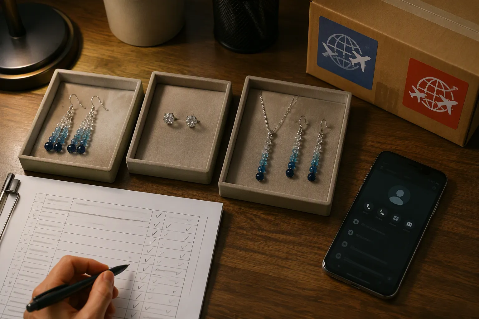 bijoux argent femme - Photorealistic editorial workspace photo showing a B2B jewelry sourcing scene: a wooden desk with three small velvet jewelry trays holding silver-toned drop earrings with gradient crystal beads, a matching stud pair, and a necklace-earring set, alongside a printed order sheet with QC inspection checkboxes, a smartphone displaying a supplier contact screen, and a small kraft paper shipping box with air-freight stickers — warm desk lamp light, documentary photography style, authentic working environment feel