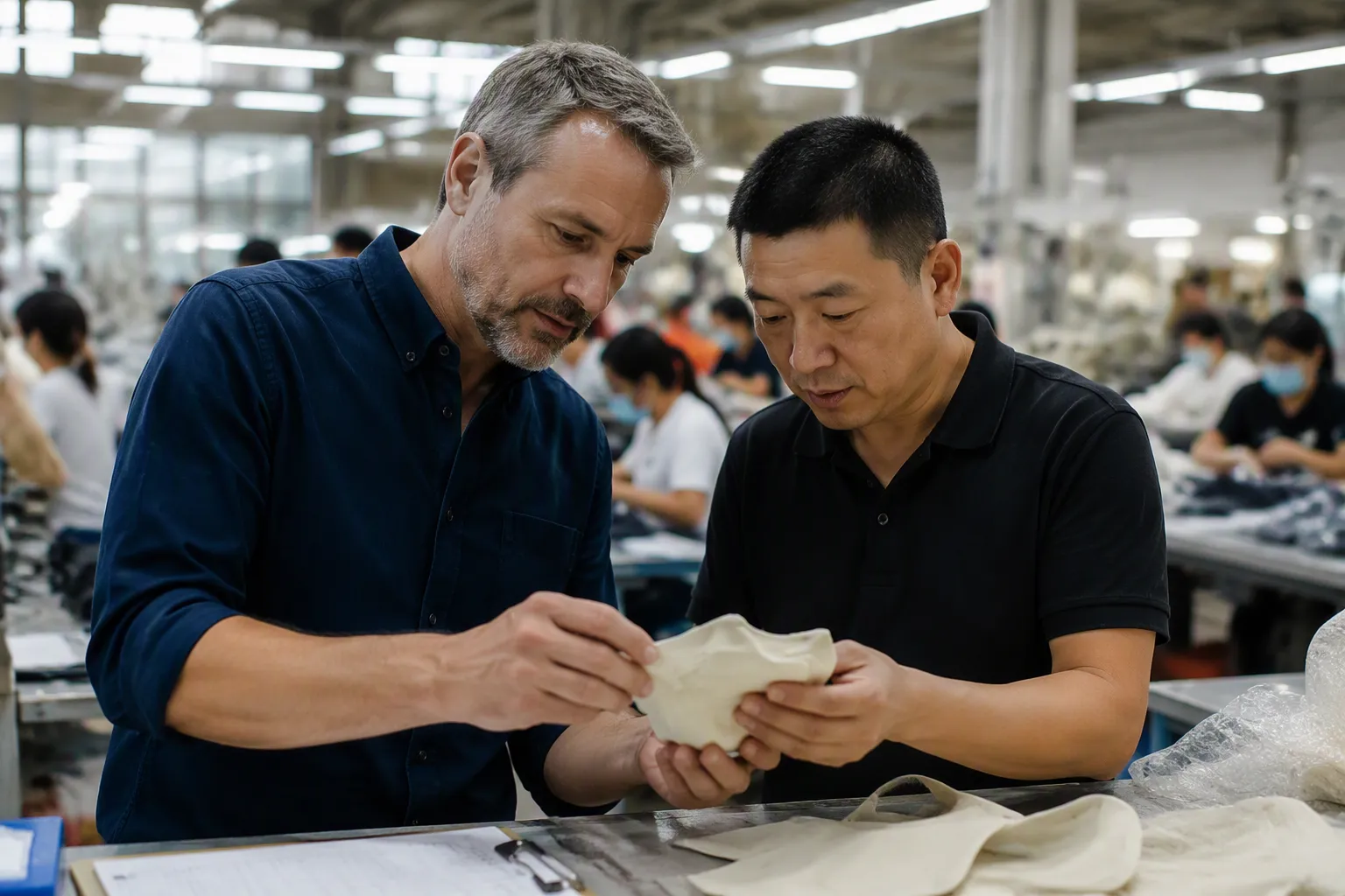 china deal - Photorealistic scene of a sourcing agent and factory floor supervisor reviewing a product sample together at a Chinese manufacturing facility, with quality inspection checklist visible