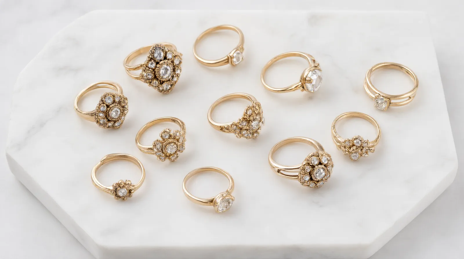 schmuck ringe damen - Flachbild-Aufnahme verschiedener vergoldeter Damenringe auf einem Marmorsockel, darunter Vintage-Kristall-Designs und schlichte Solitär-Ringe, mit deutschsprachigem Größen-Label
