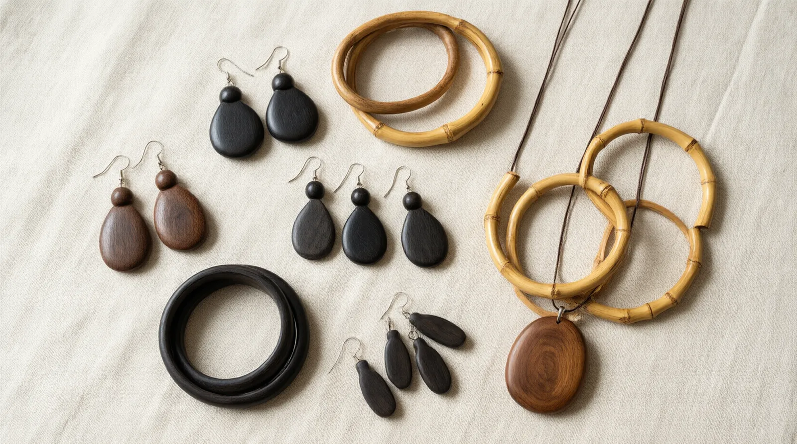 bijoux bois - Photorealistic flat-lay of an assortment of handcrafted wood jewelry pieces — drop earrings, bangles, and pendant necklaces in different wood tones (ebony, maple, bamboo) arranged on undyed cream linen, natural side lighting from a window, documentary photography style, no overlaid text