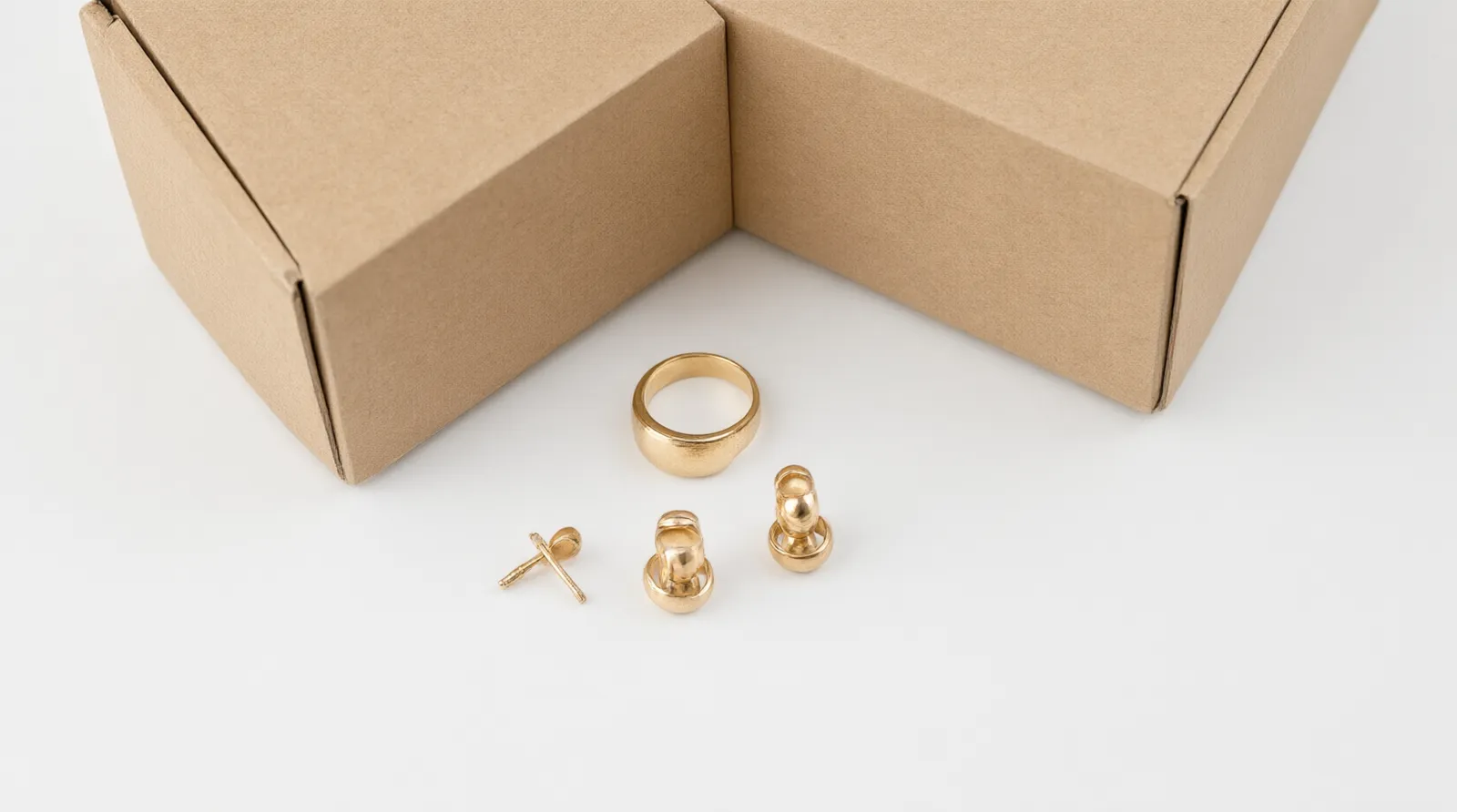 schmuck ringe damen - Annotierte Produktübersicht eines vergoldeten Damenring-Sets mit Ohrringen, inklusive Beschriftung der Materialangaben (Plattierungsdicke, Legierung) und Verpackungsbeispiel für den deutschen B2B-Versand