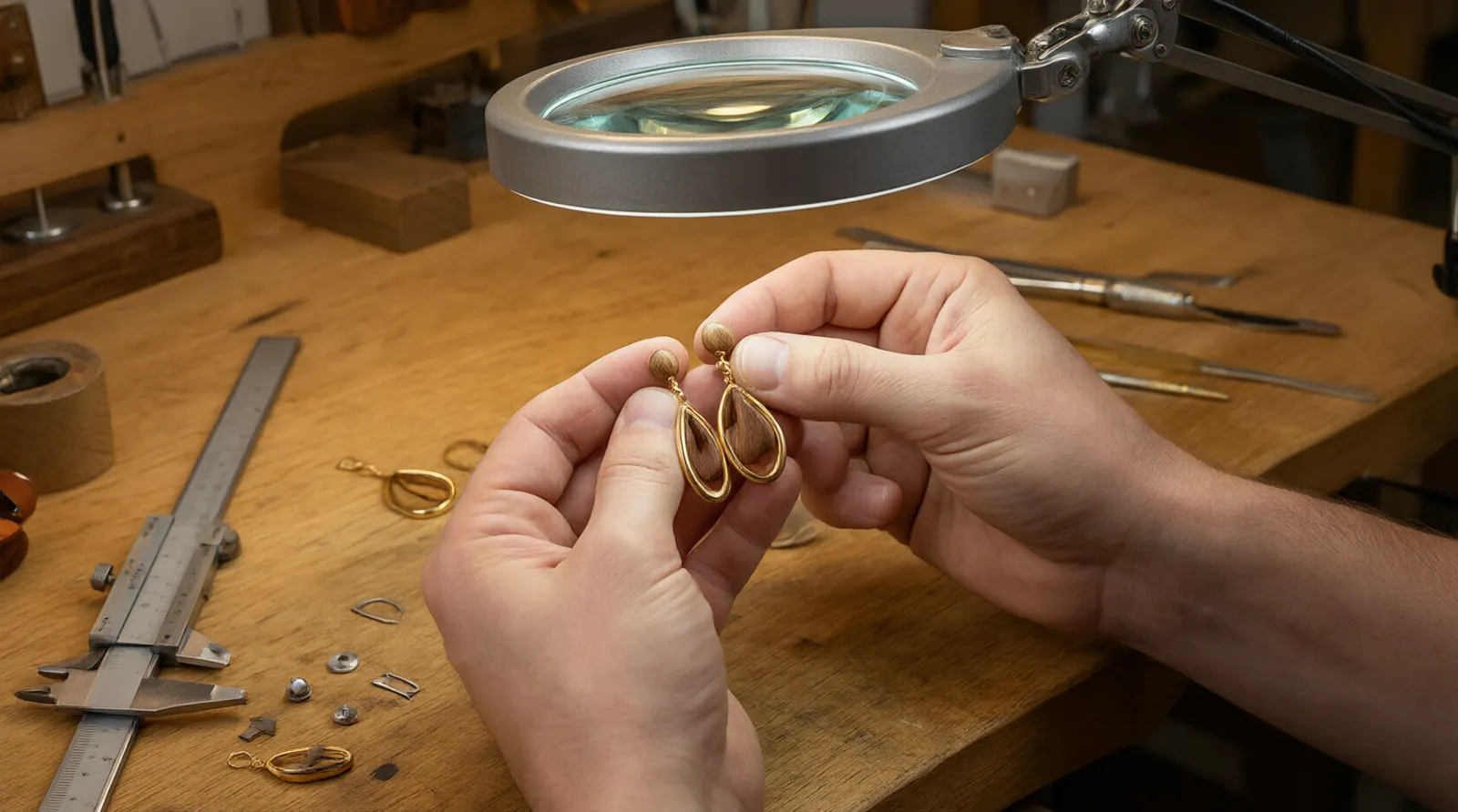 bijoux bois - Editorial photo of a quality control inspection station inside a jewelry manufacturing workshop — a technician's hands holding a wood and gold-plated metal drop earring under a focused magnifying lamp, natural-wood surface workbench scattered with calipers and small components, warm workshop ambient light, authentic artisan environment, no text or labels visible