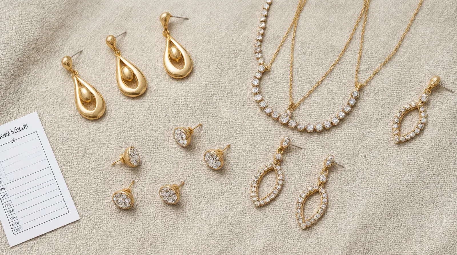 custom jewelry - Flat-lay product photo showing a range of gold-plated drop earrings, rhinestone stud sets, and necklace-earring combinations in vintage and gradient crystal styles, arranged on neutral linen with a small quality-control inspection card visible at the edge — illustrating OEM stock variety and pre-shipment QC documentation