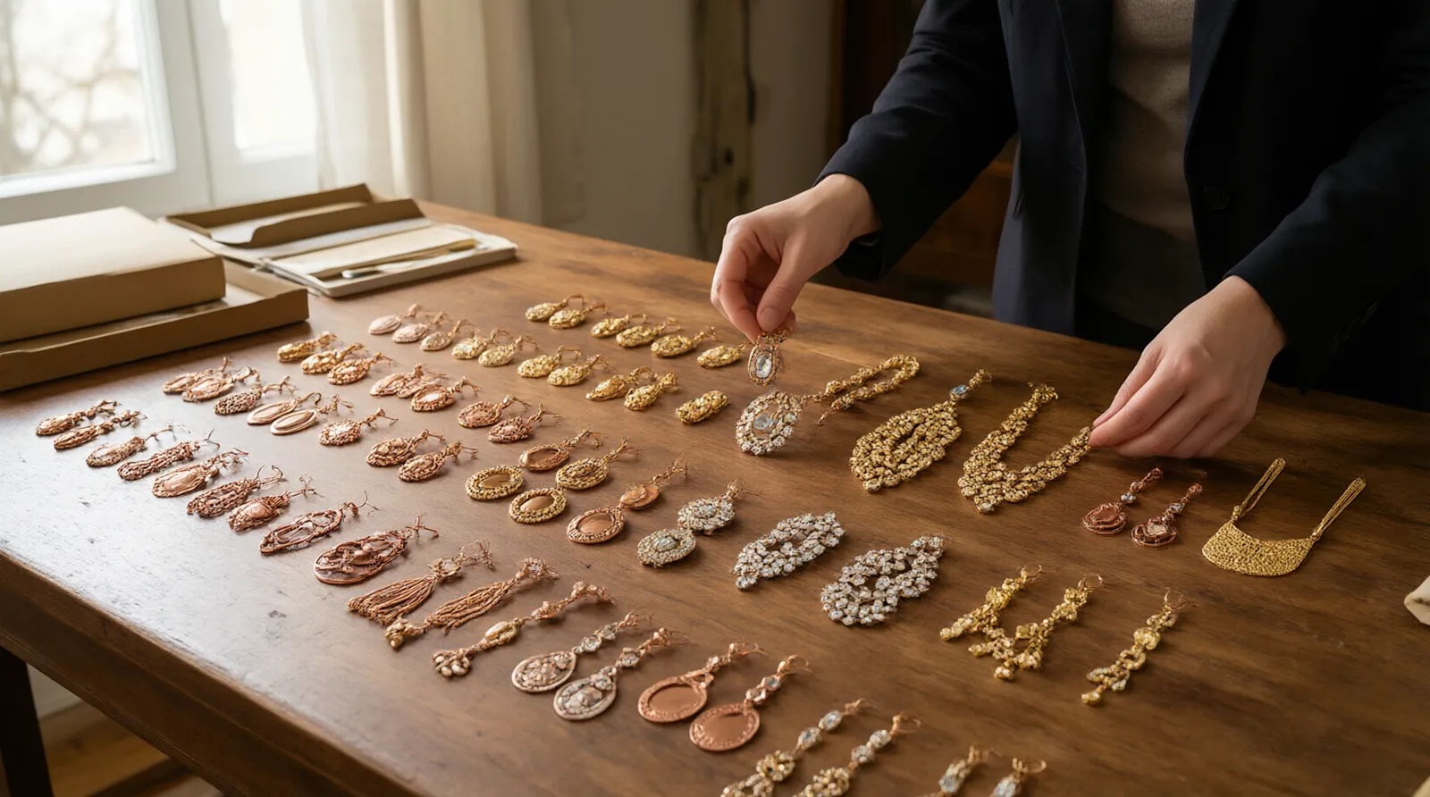 استيراد من الصين - Photorealistic scene of a procurement manager reviewing product samples on a large wooden desk — copper-plated jewelry pieces, gold-toned earrings, rhinestone sets arranged in rows — natural side window light, shallow depth of field, documentary photography feel