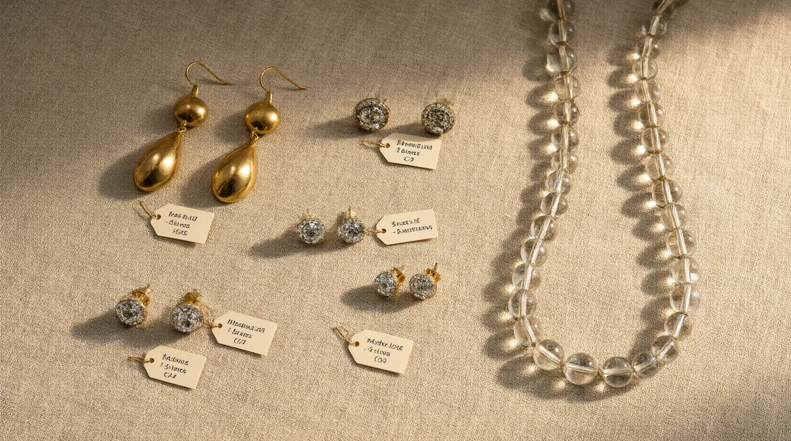 استيراد من الصين - Annotated product mockup on a neutral linen surface — flat lay of gold-plated drop earrings, rhinestone stud sets, and glass bead necklace from a jewelry catalog, with small handwritten labels in Arabic noting MOQ and material type, warm natural light from the side