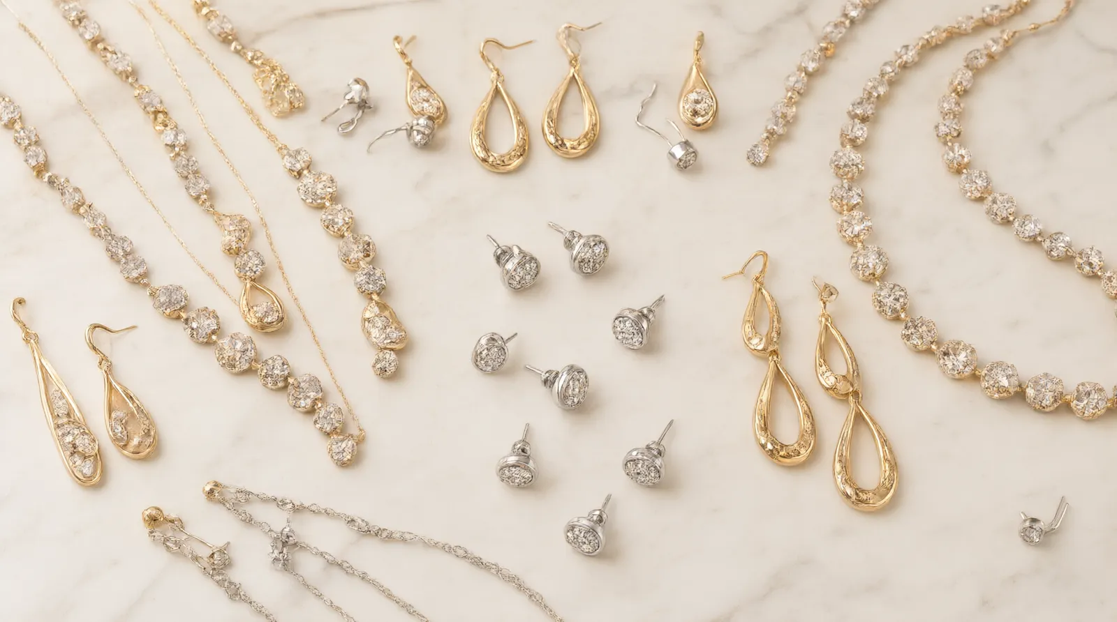 اكسسوارات بالجمله من الصين - Photorealistic overhead flat-lay of gold-plated and rhodium-plated drop earrings, crystal bead necklace sets, and rhinestone stud earrings arranged on a white marble surface, warm neutral studio lighting, product photography style, no text