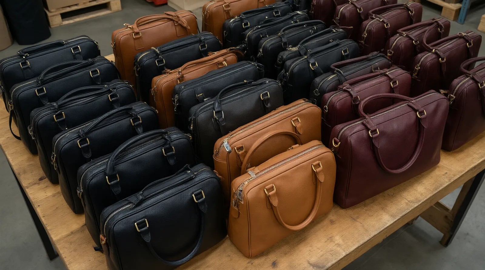 wholesale handbags by the bulk - Photorealistic overhead shot of a wooden warehouse table showing an assortment of structured leather handbags in neutral tones — black, tan, and deep burgundy — arranged in rows with visible hardware details, soft diffused warehouse lighting, no people, documentary product photography style