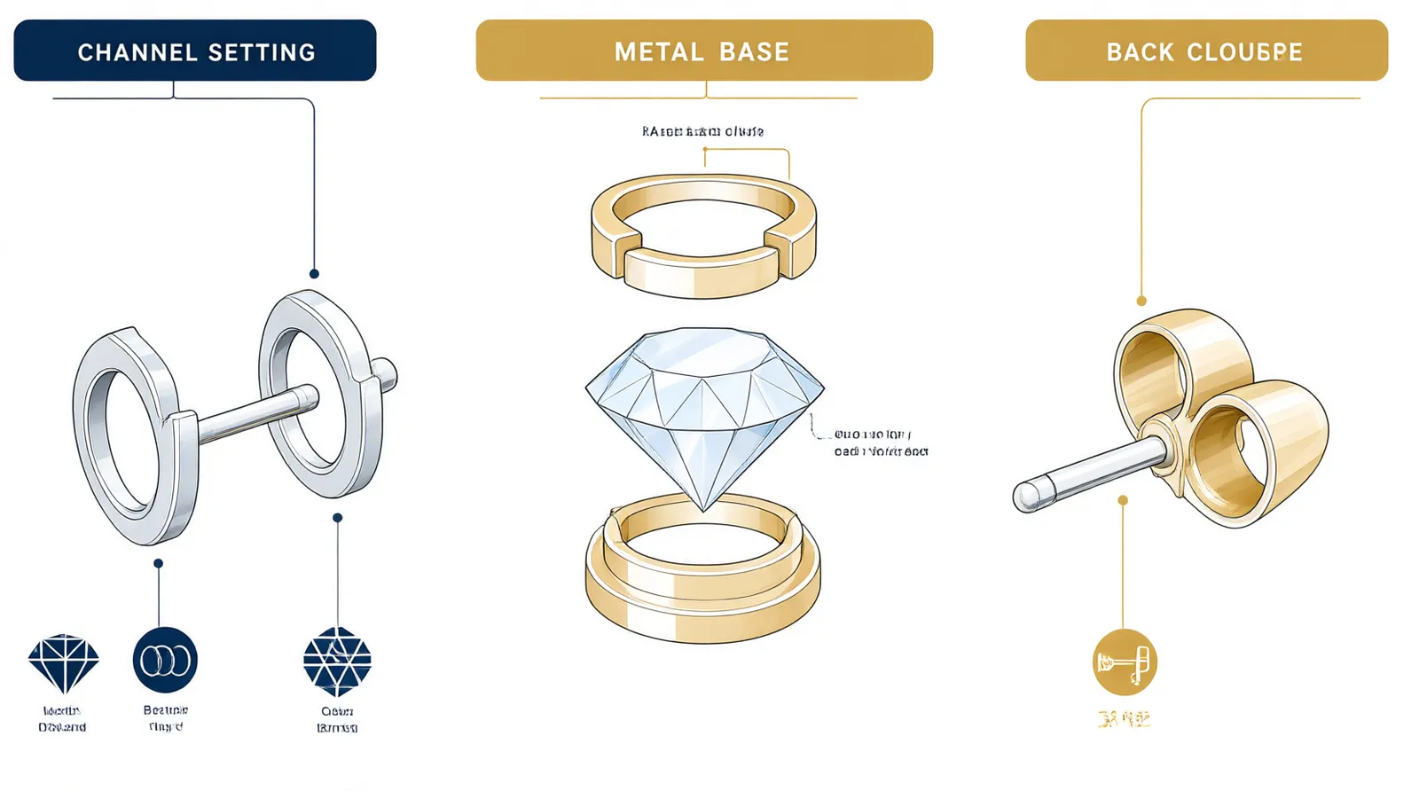 pendientes hombre diamante - Diagrama anotado mostrando los componentes de un pendiente stud de diamante para hombre: tipo de engaste (garra, bisel, canal), metal base, piedra central y cierre trasero, con etiquetas en español