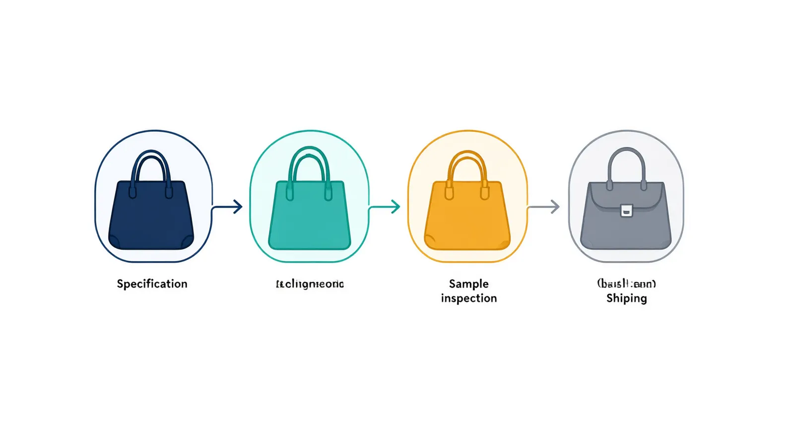 wholesale handbags by the bulk - Clean flat-design informational diagram showing a four-stage wholesale handbag procurement workflow: "Define Spec" → "Shortlist Suppliers" → "Sample & Verify" → "Bulk Order & Receive", each stage in a distinct color zone (navy, teal, amber, slate), simple icon per stage (clipboard, supplier icon, magnifying glass, shipping box), white background, no people