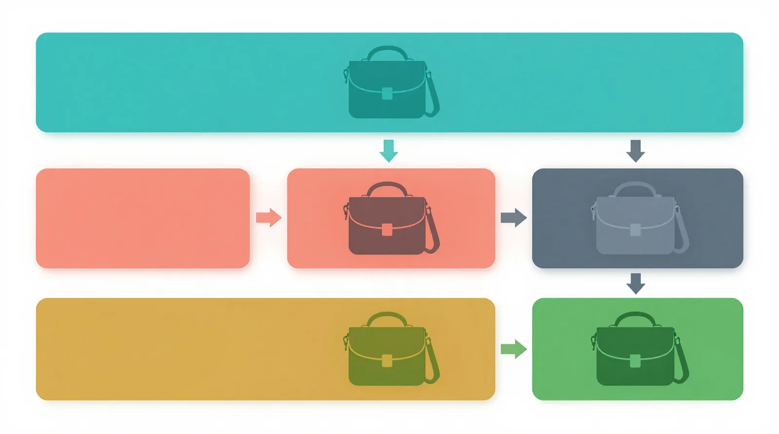 crossbody purses wholesale - Clean flat-design informational diagram showing five sequential steps of the wholesale crossbody purse sourcing process — Research Suppliers, Request Samples, Evaluate Quality, Negotiate MOQ & Pricing, Place Bulk Order — each step in a distinct color zone (teal, coral, slate, amber, green), simple icon per stage, white background, no decorative elements
