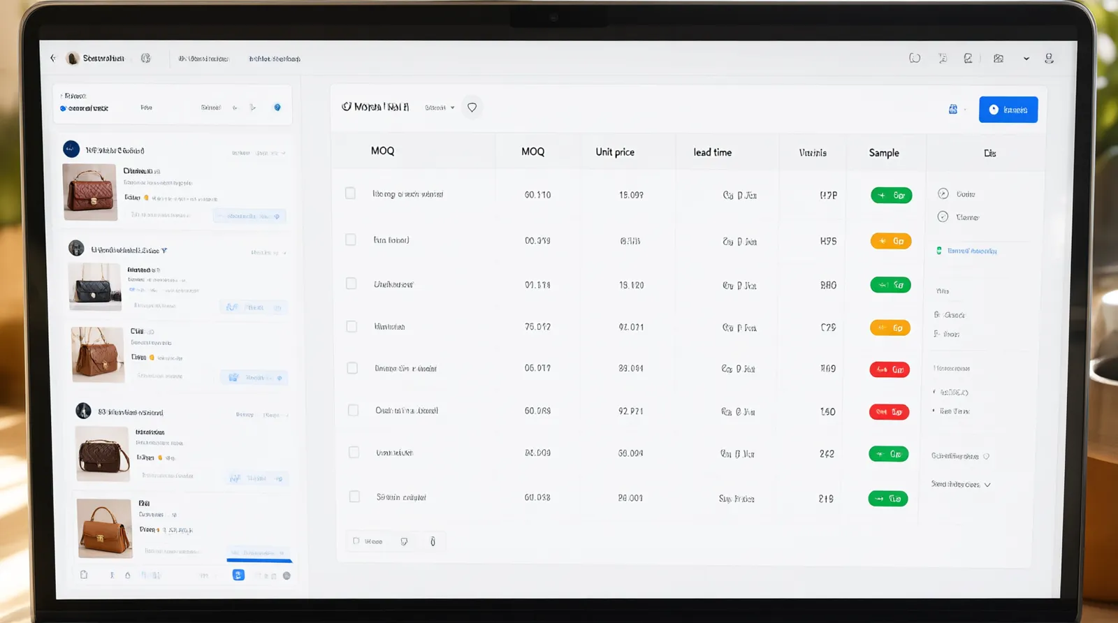 wholesale handbags by the bulk - Annotated UI mockup of a wholesale buyer's procurement dashboard on a laptop screen — left sidebar shows supplier profiles, central panel displays an open order comparison table with columns for MOQ, unit price, lead time, and sample status, with colored status badges (green "Approved", amber "Pending", red "Rejected"), soft daylight reflection on screen, no real brand names or logos visible