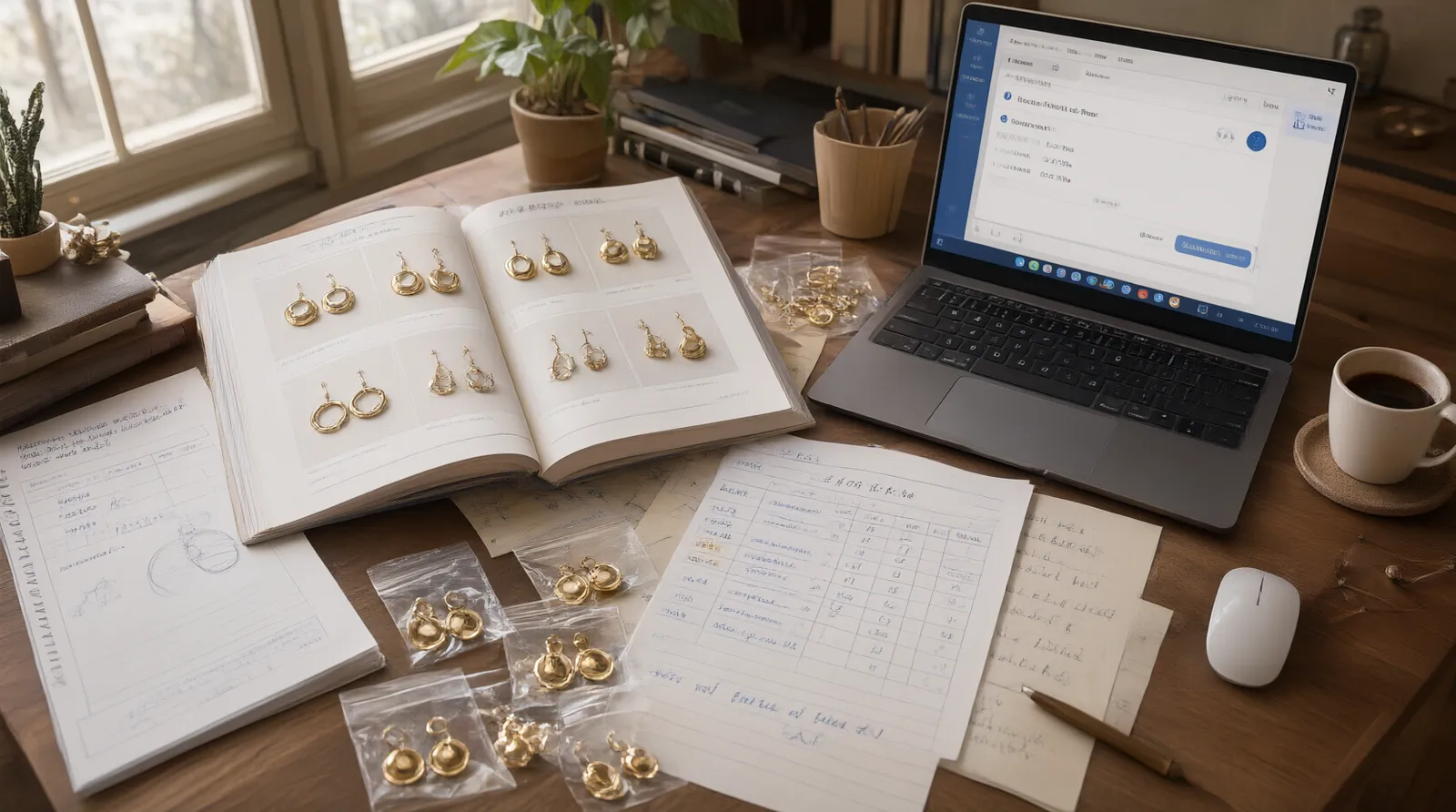 اكسسوارات بالجمله من الصين - Editorial top-down photo of a procurement workspace showing a printed jewelry catalog open to earrings page, a laptop with a supplier communication window, handwritten notes listing MOQ and price tiers, samples of gold-plated earrings in small clear bags, natural window light, authentic working environment
