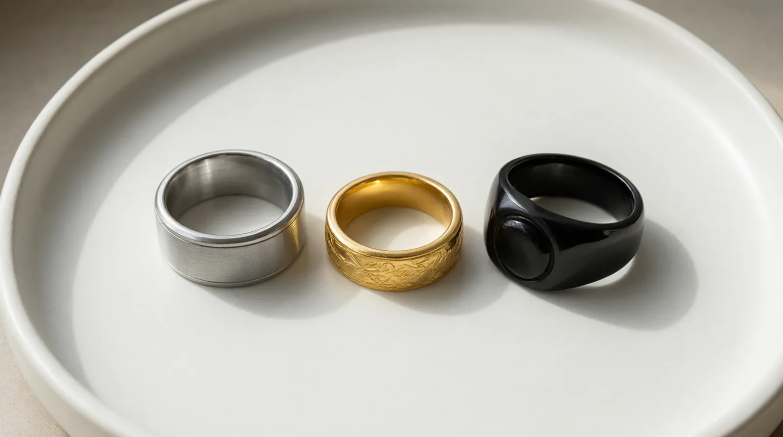 stainless ring - Photorealistic close-up of three stainless steel rings arranged on a matte white ceramic tray — one brushed silver band, one gold PVD-coated ring with engraving, one black ion-plated signet ring — natural side lighting casting soft shadows, documentary product photography style