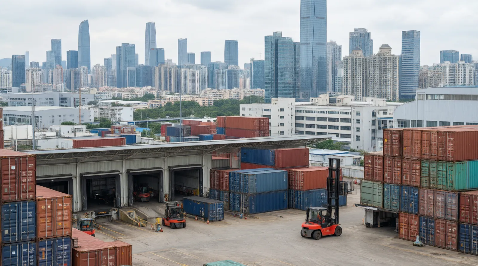 中国经济特区 - 深圳特区产业园新闻图片——前景为集装箱装卸的工厂出货月台,背景为深圳天际线,展现特区制造基础设施的规模与现代感