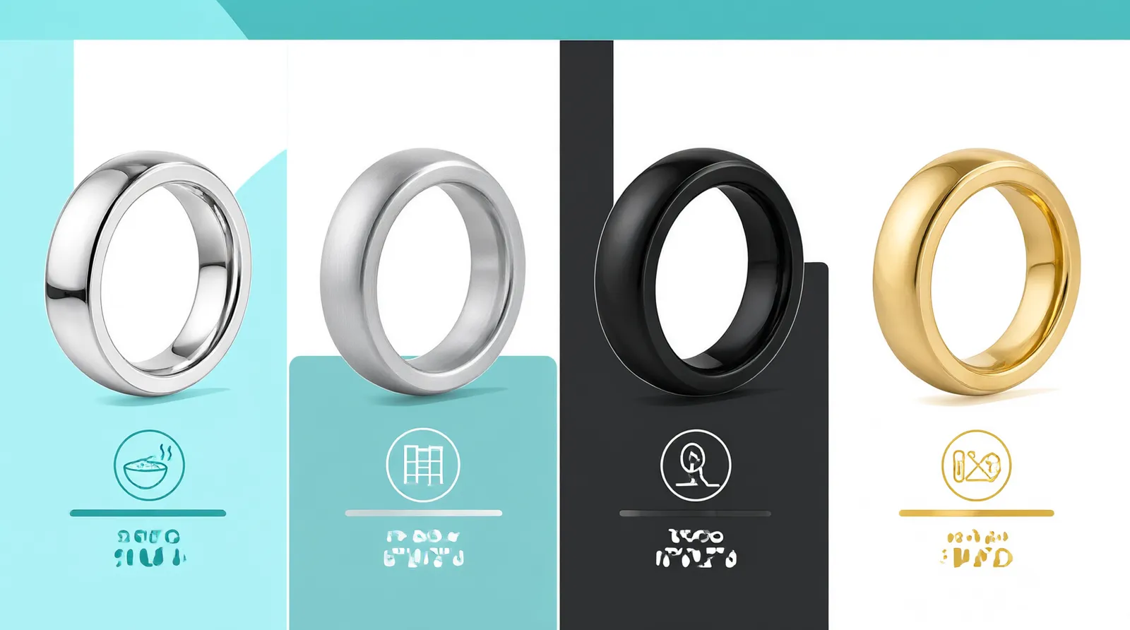 stainless ring - Flat-design informational diagram showing four stainless steel ring surface finish types side by side — mirror polish, brushed matte, black IP coating, and gold PVD — each with a small icon indicating finish name and use case, clean white background with teal and charcoal color zones