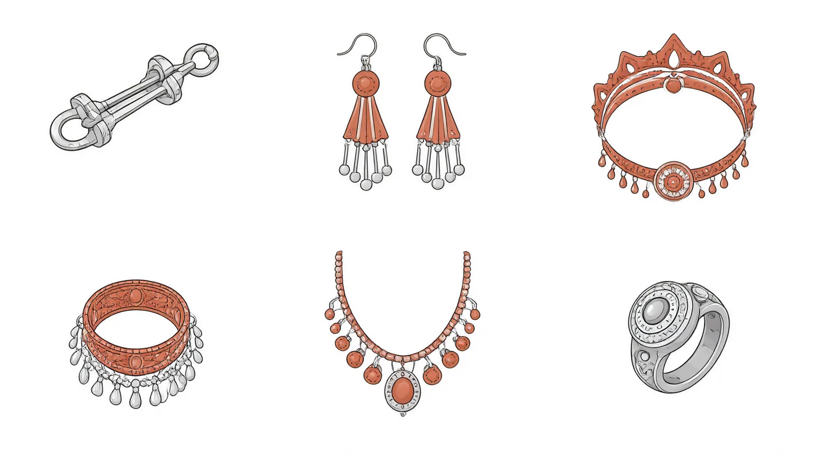 bijoux kabyle - Flat-design informational diagram showing the full typology of Kabyle jewelry — fibule, boucles d'oreilles, diadème, bracelet, chevillère, collier, bague — each labeled with both French name and Kabyle term, icons in terracotta and silver on white background, clean editorial layout