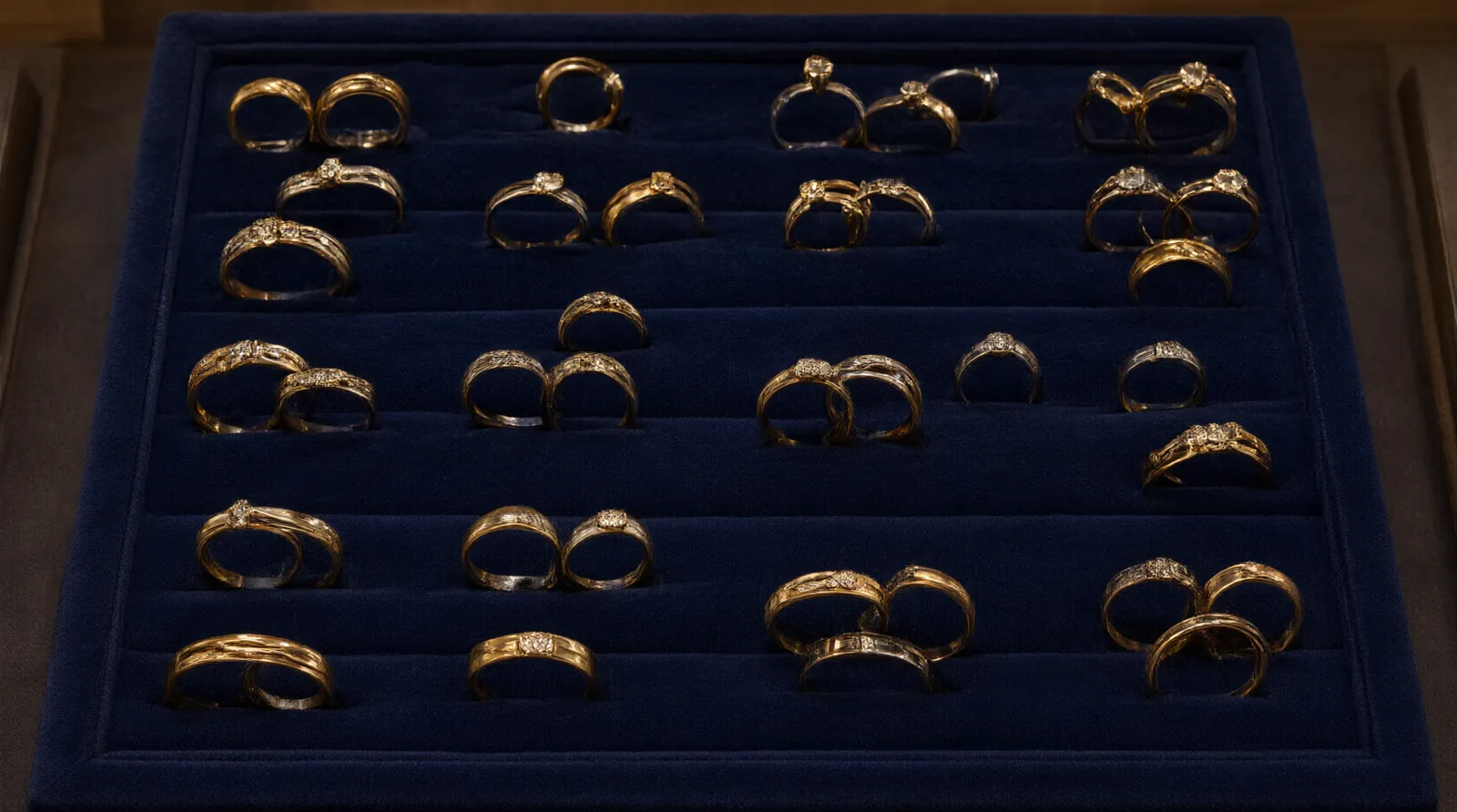 stainless ring - Editorial overhead photo of an assortment of gold-tone PVD stainless steel rings displayed on a deep navy velvet ring display tray, warm incandescent light from above casting short shadows, authentic retail display context with no visible text or labels
