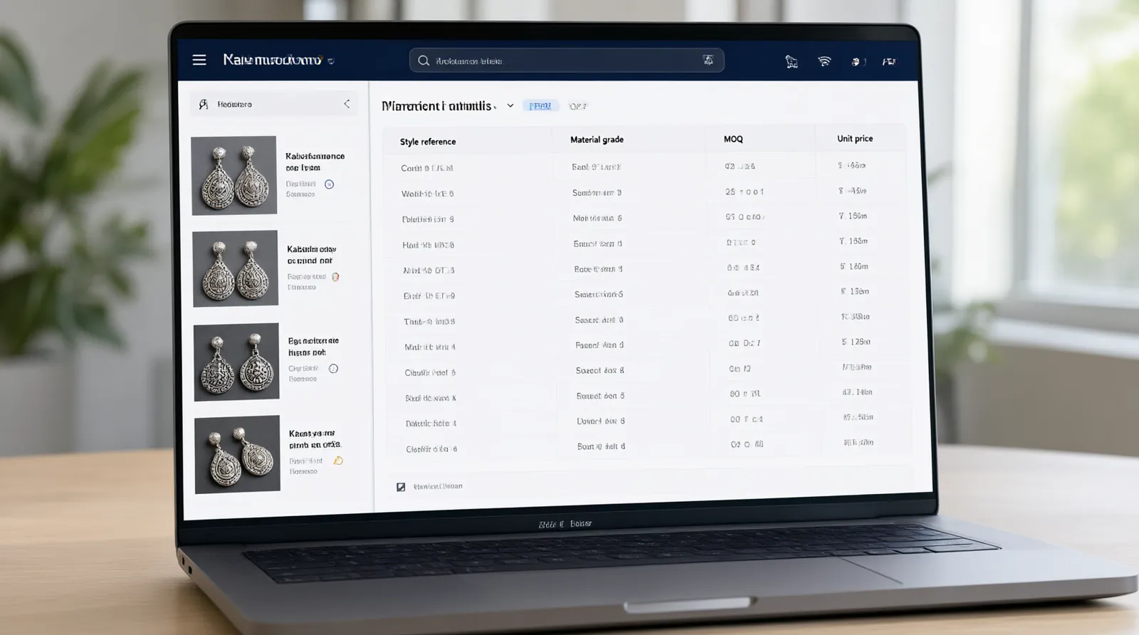 bijoux kabyle - Annotated product sourcing mockup on a laptop screen — a trade order table with columns for style reference, material type (argent 925 / rhodium / acier), MOQ, and unit price, with three Kabyle-inspired earring style thumbnails on the left sidebar, soft daylight office setting