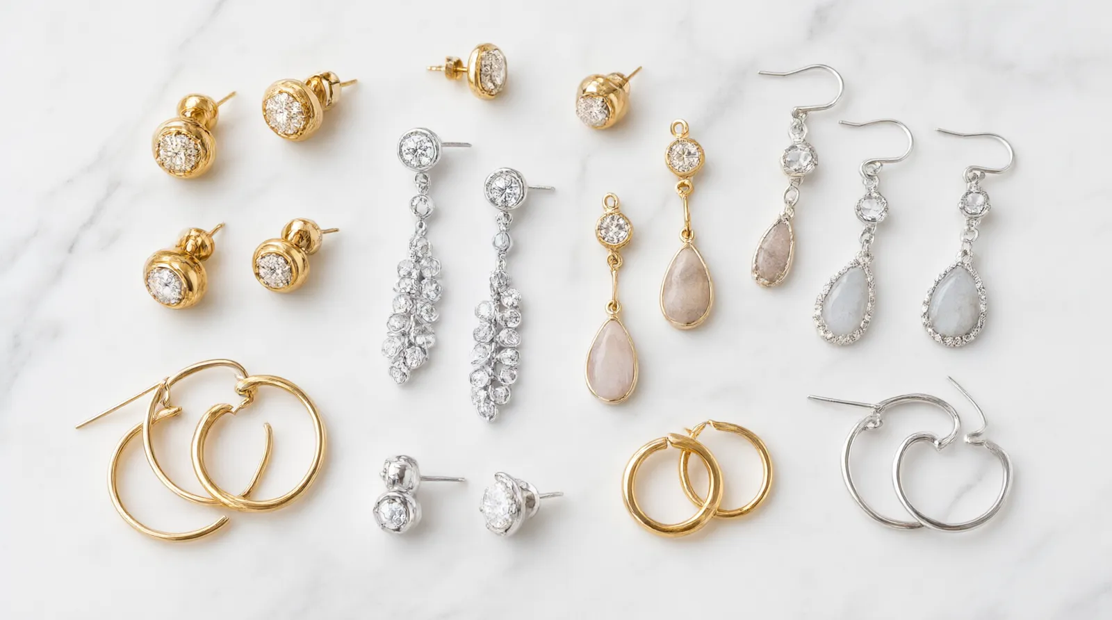 pendientes oreja - Fotografía editorial de una selección de pendientes de oreja en varios estilos — studs, colgantes y aros — sobre una superficie de mármol blanco, mostrando acabados en dorados y plata con cristales y piedras naturales