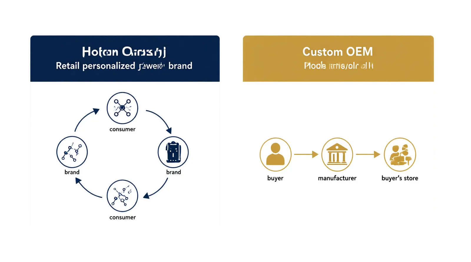custom jewelry - Side-by-side comparison diagram showing the supply chain difference between a retail personalized jewelry brand (consumer → brand → consumer) vs. a custom OEM model (buyer → manufacturer → buyer's store)