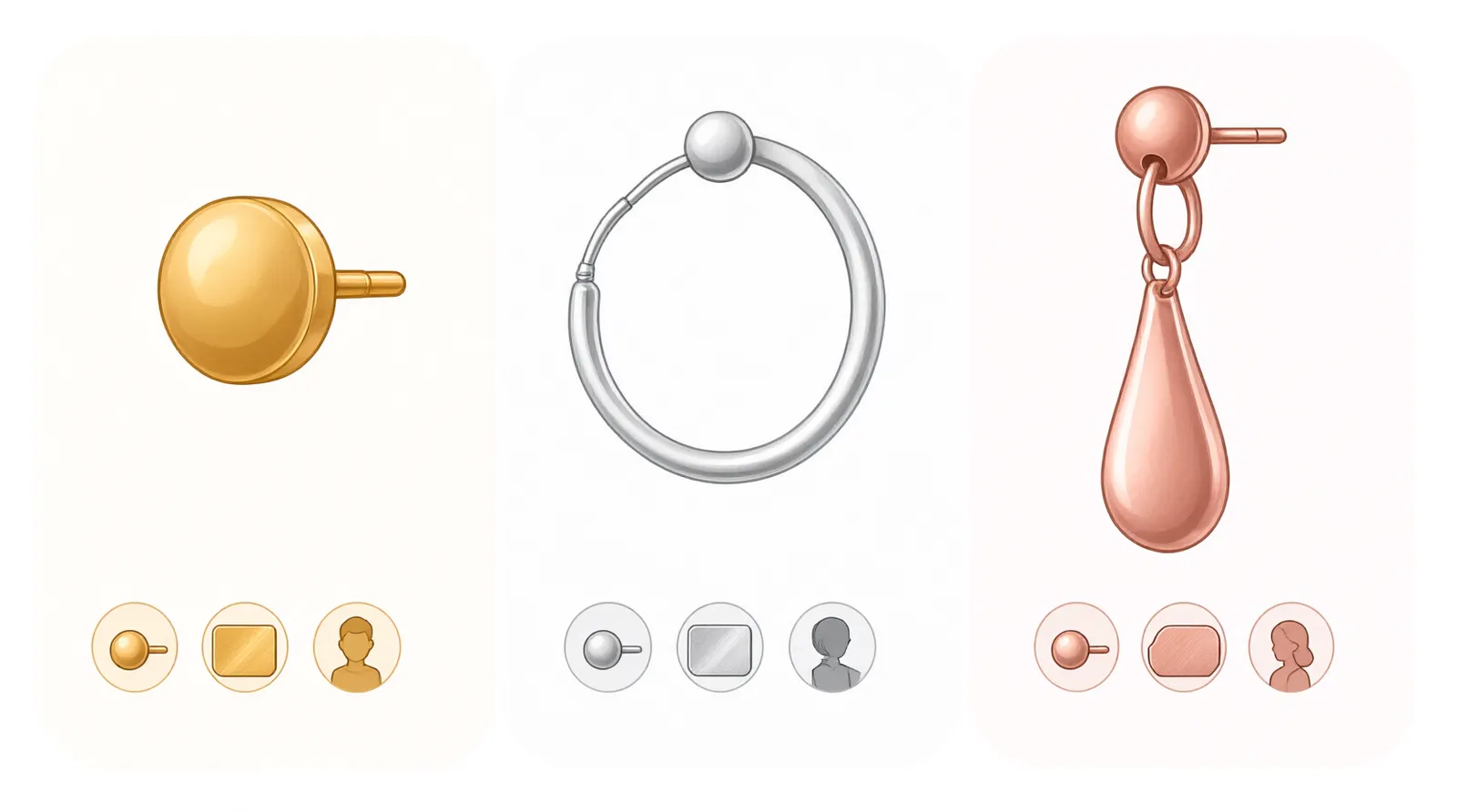 pendientes oreja - Diagrama comparativo de tres estilos de pendientes de oreja — stud, aro y colgante drop — con anotaciones que indican material base, acabado y perfil de cliente recomendado