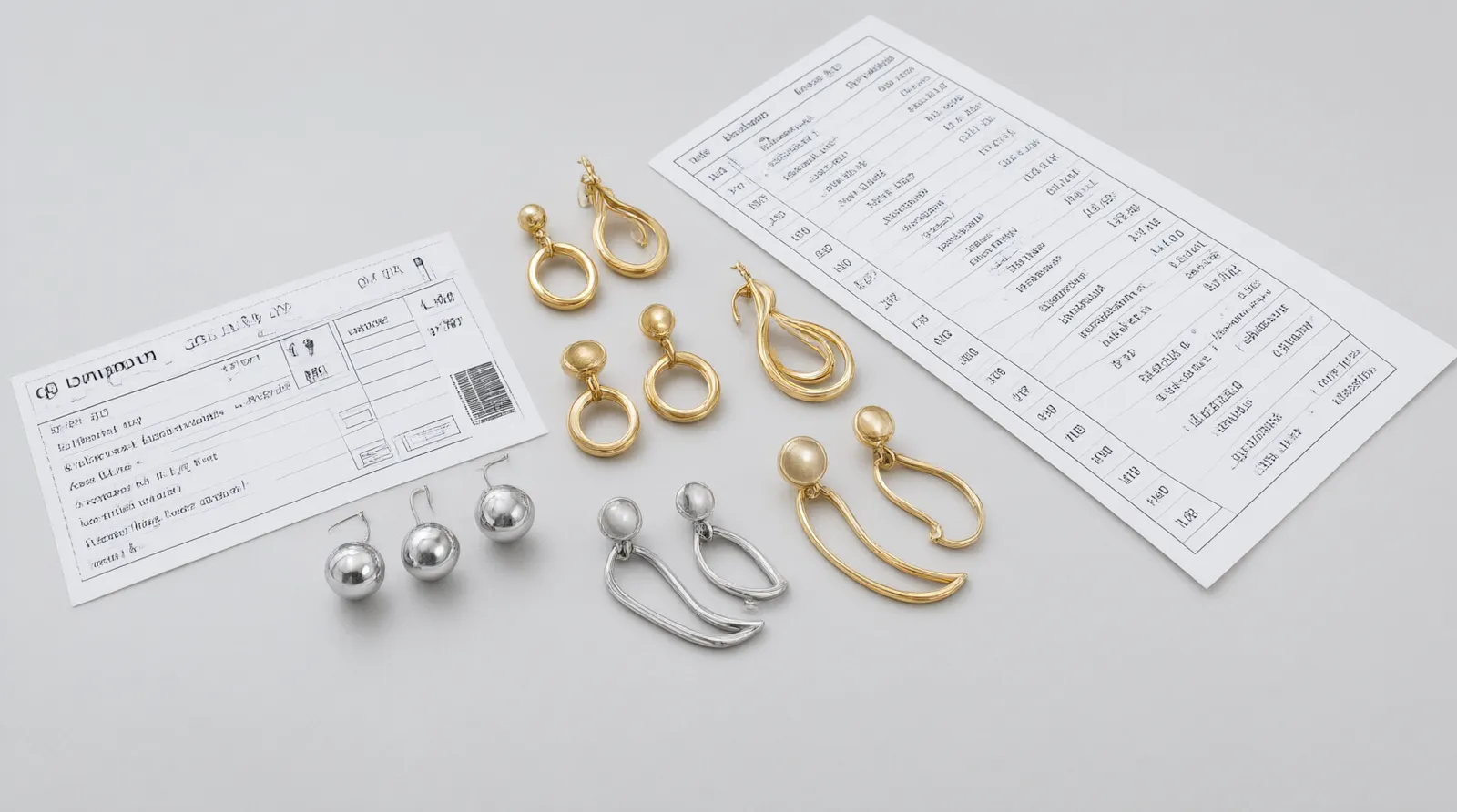 custom jewelry - Editorial photo showing a flat-lay of gold-plated and rhodium-plated earring samples alongside a QC checklist form and shipping label, representing a pre-shipment inspection workflow