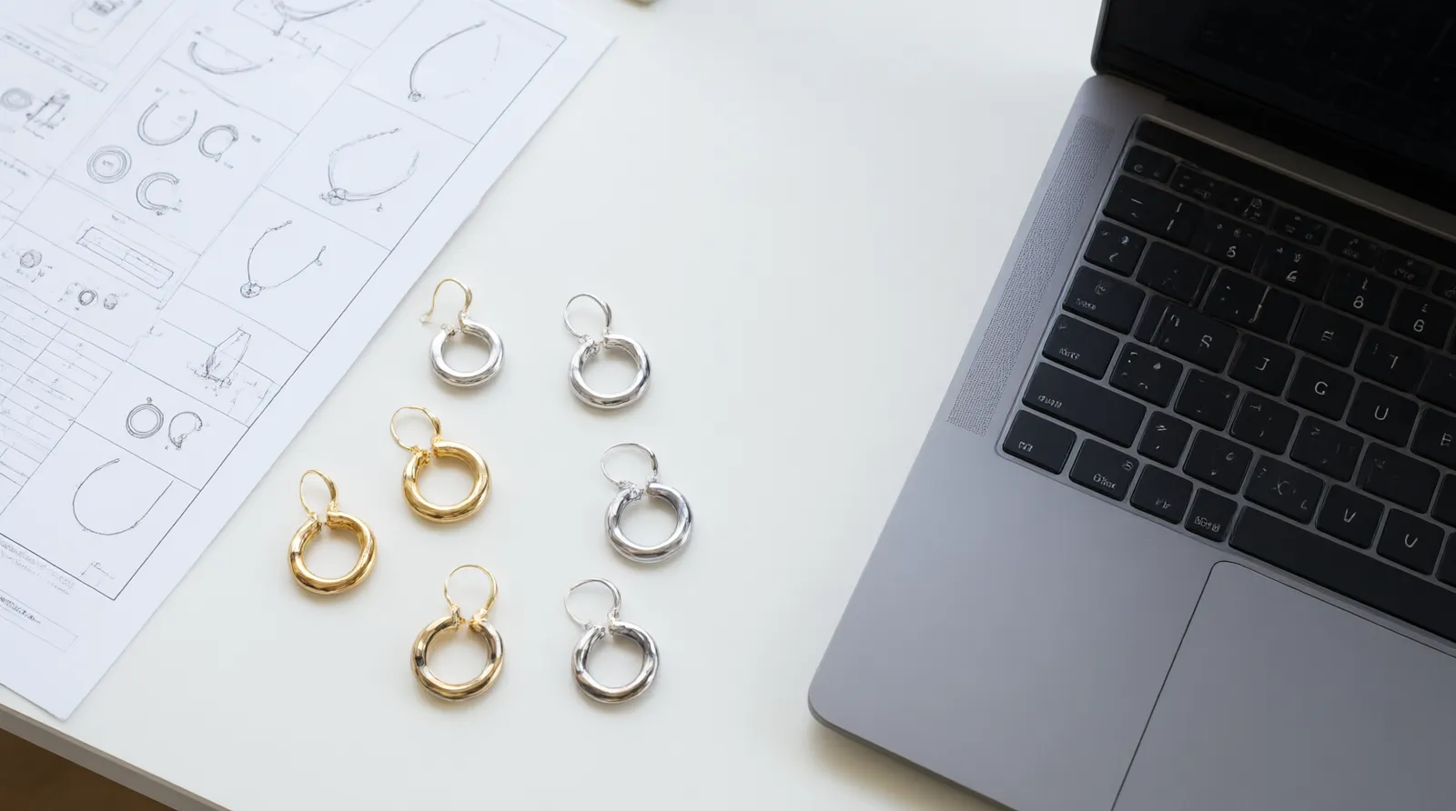 pendientes oreja - Fotografía de una mesa de trabajo de comprador B2B con muestras físicas de pendientes de oreja en varios acabados — dorados, plata y dos tonos — junto a una hoja de especificaciones técnicas y un portátil