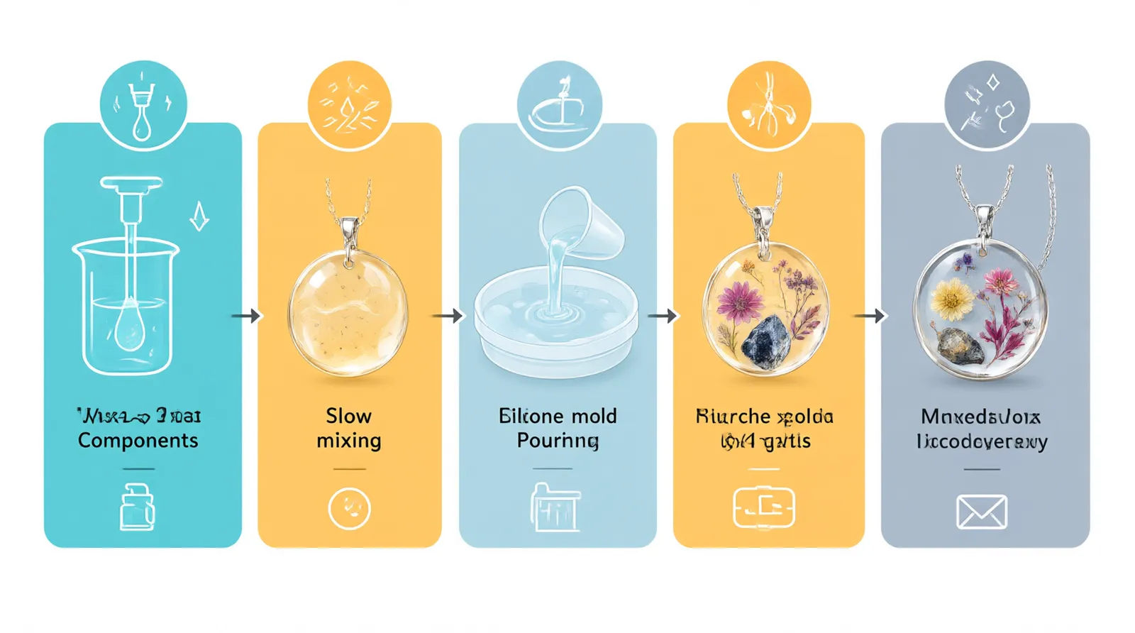bijoux resine - Clean flat-design infographic diagram showing five sequential steps for making resin jewelry — measuring two components, slow mixing, pouring into silicone mold, adding inclusions (shown as small floral and mineral fragments), demolding the finished piece — distinct teal/amber/slate color zones per step, simple icon per stage, white background, no text labels inside the graphic