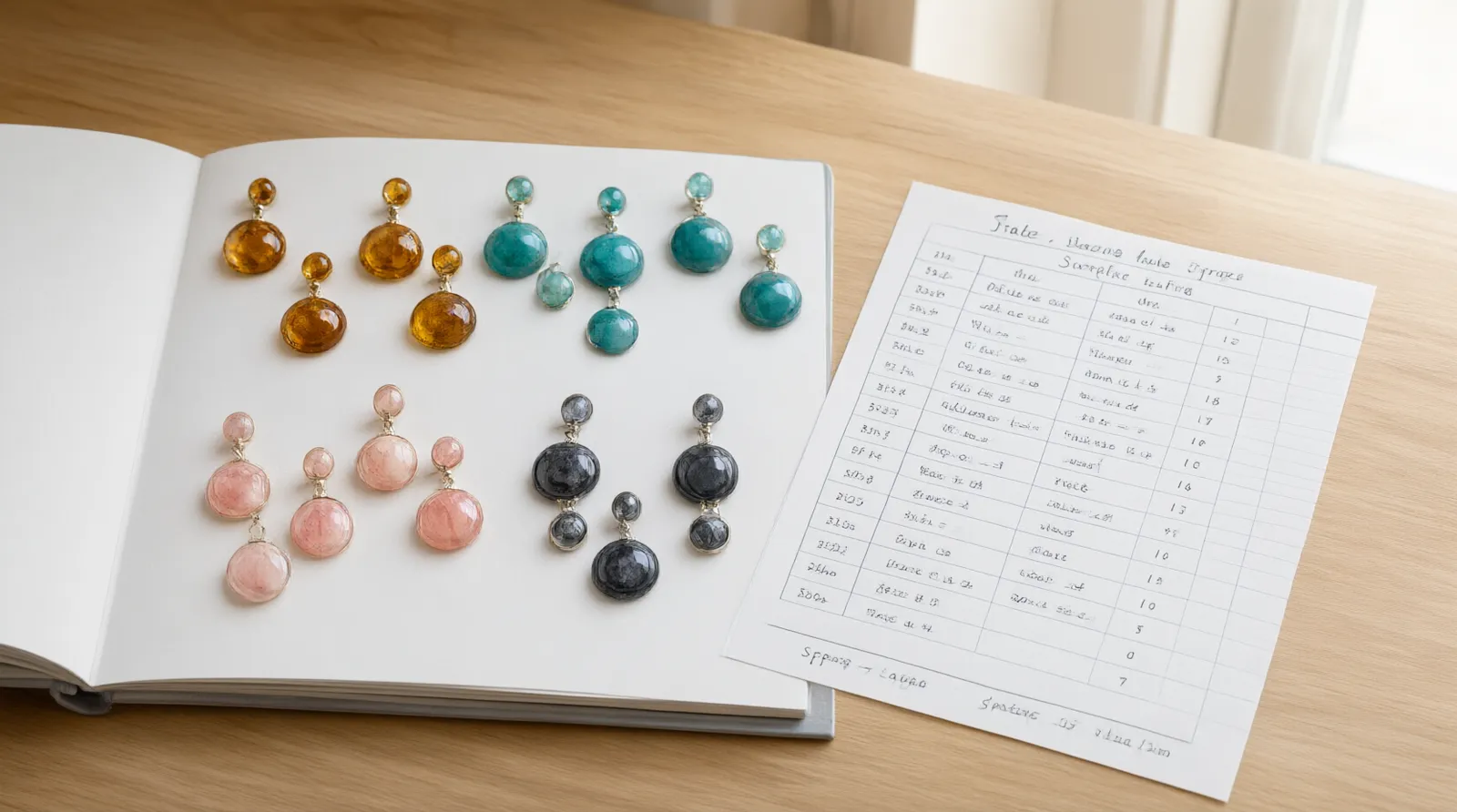 bijoux resine - Annotated product mockup of a resin jewelry sourcing catalog open on a light wood desk — four distinct earring styles arranged in color families (amber, teal, blush, graphite), alongside a small handwritten order sheet with style codes and quantities, natural daylight from the right, shallow depth of field on the foreground pieces