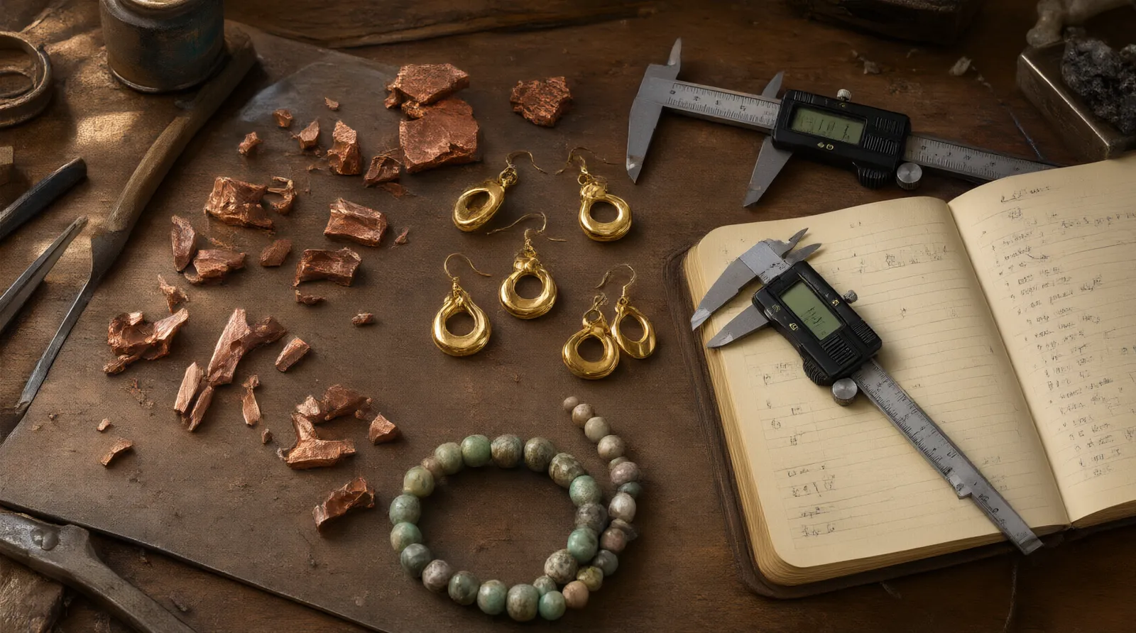 اكسسوارات جملة من الصين - Photorealistic top-down shot of a wooden jeweler's workbench in Hangzhou, showing raw copper components, gold-plated drop earrings, and natural stone beads arranged neatly next to a digital caliper and an open notebook with sourcing notes, warm natural window light, documentary style