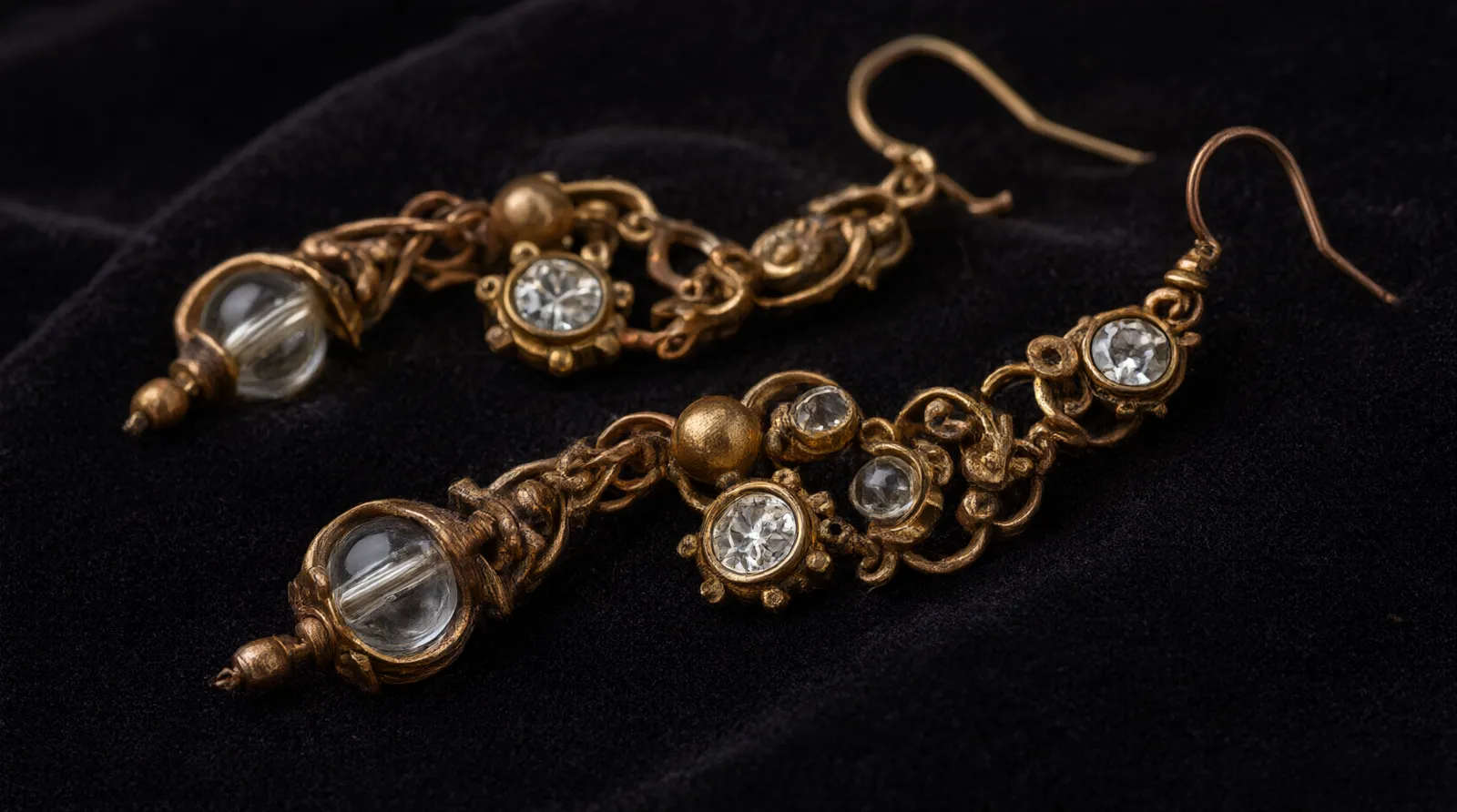 اكسسوارات جملة من الصين - Photorealistic close-up macro shot of a pair of vintage-style gold-plated copper drop earrings resting on a piece of dark velvet fabric, highlighting the intricate glass bead detailing and rhinestone accents, soft directional studio lighting emphasizing the metal texture