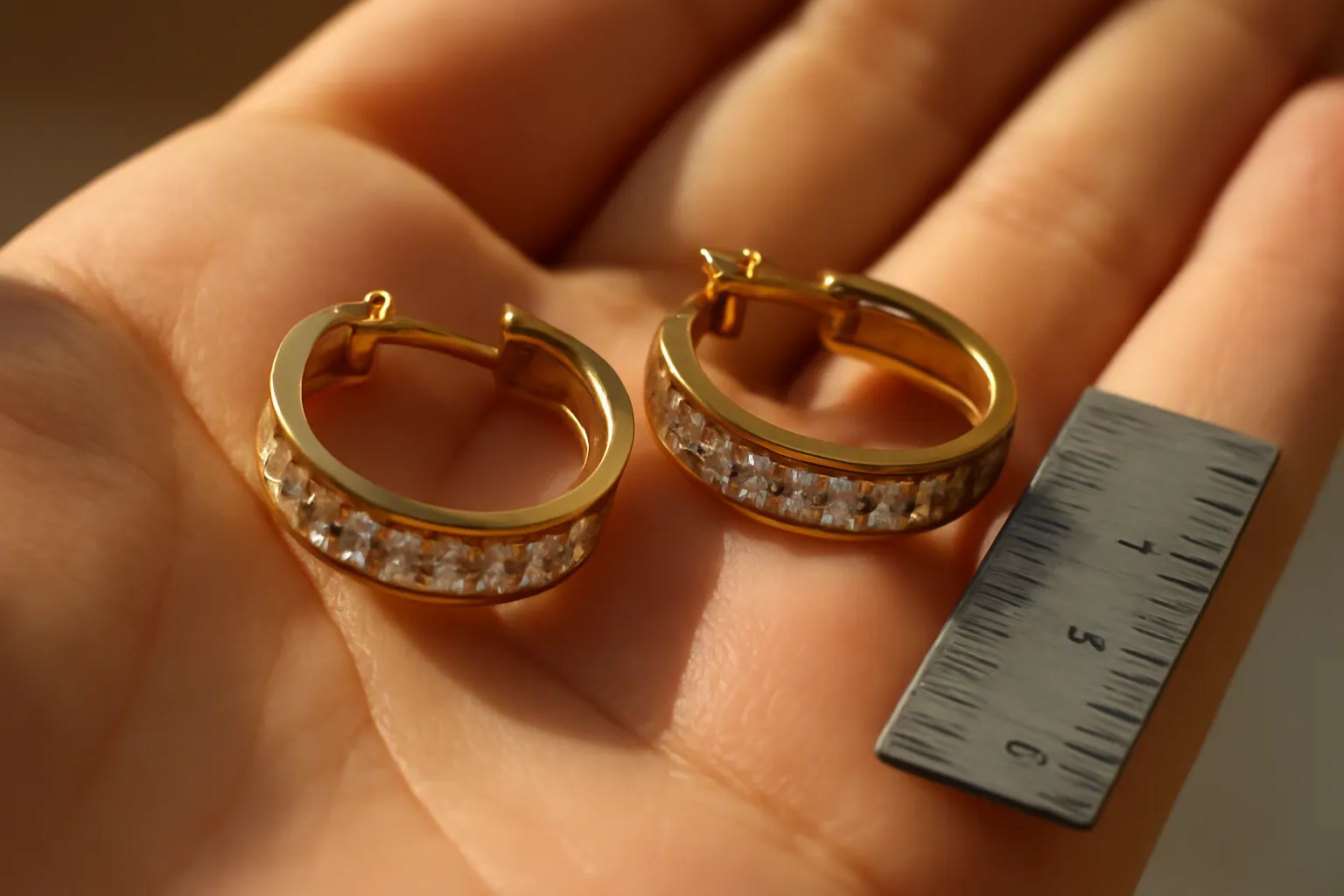 pendientes de aro - Fotografía de detalle de pendientes de aro dorados con cristales sobre una palma de mano, mostrando la escala real del producto y la calidad del acabado gold-plated con incrustaciones, junto a una regla para referencia de tamaño