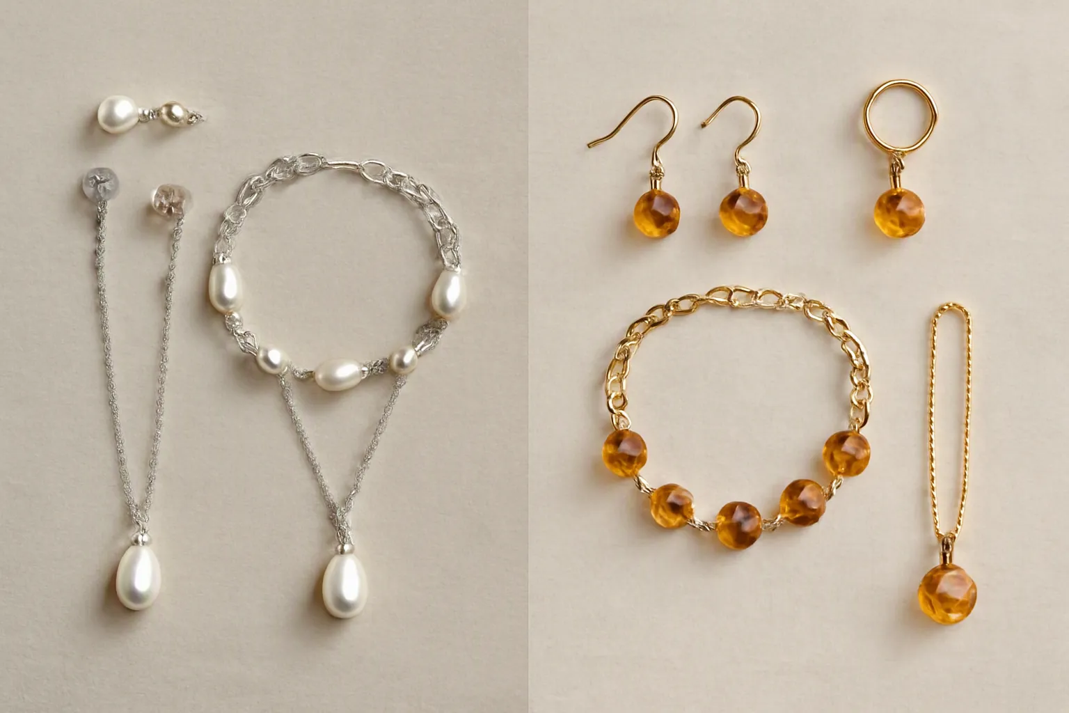 silberschmuck perlen - Gegenüberstellung von echtem Silberschmuck mit Süßwasserperlen (links) und vergoldetem Kupferschmuck mit hochwertigen Glasperlen (rechts) — Qualitätsvergleich für Großhandelseinkäufer