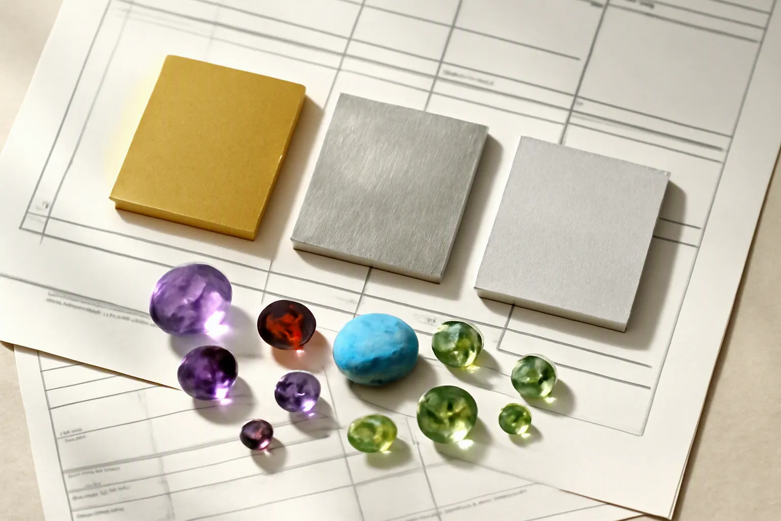 custom jewelry - Side-by-side flat-lay comparison of jewelry samples showing different finish types — gold-plated, rhodium-plated, and 925-style silver — next to loose gemstone samples including amethyst, garnet, turquoise, and peridot, with supplier inspection documentation visible in the background