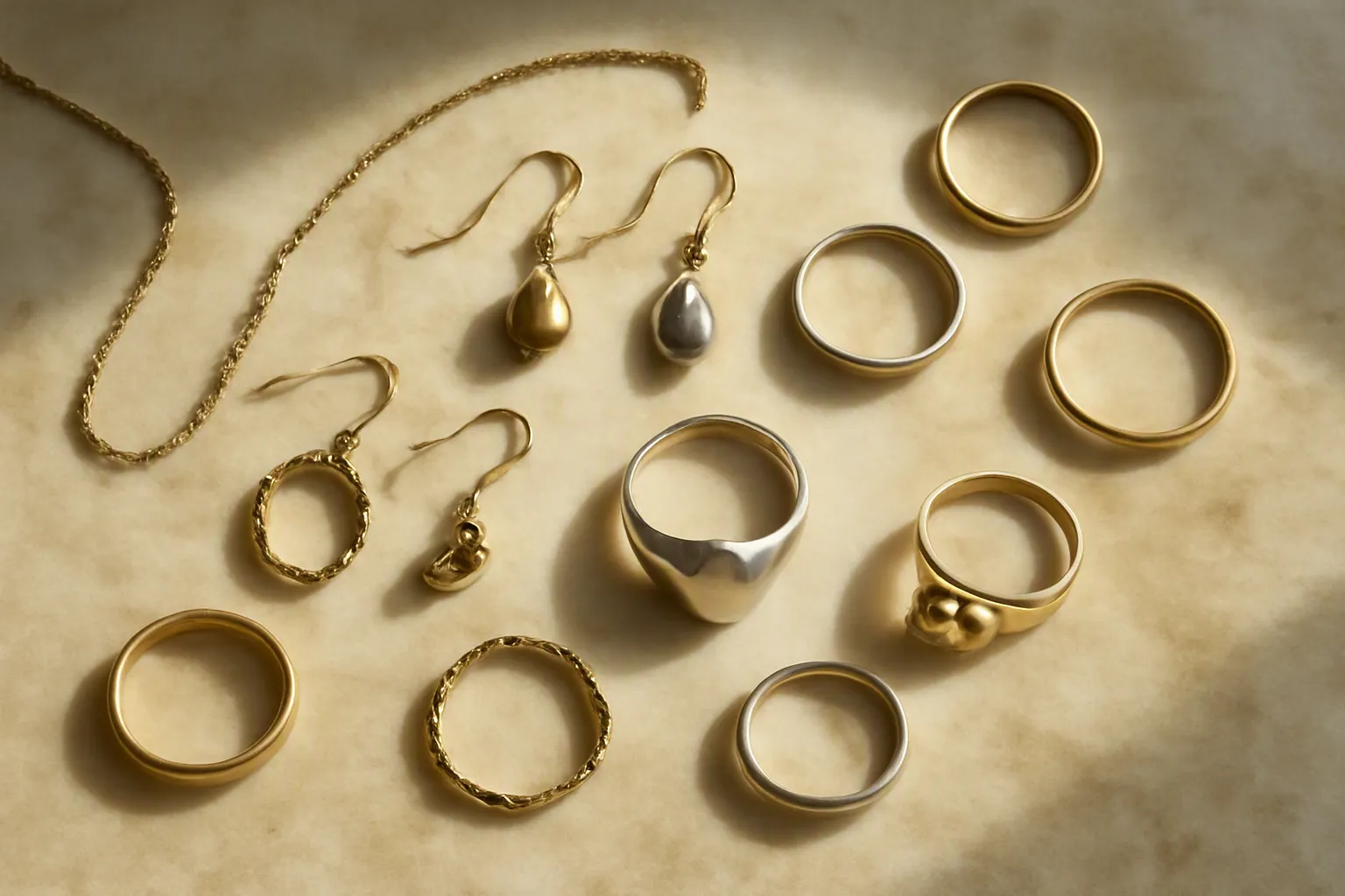 bijoux d'occasion - Photorealistic flat-lay of an assortment of gold and silver second-hand jewelry pieces — rings, drop earrings, a delicate chain necklace — arranged on aged cream velvet, soft natural window light, documentary photography style, no text overlay