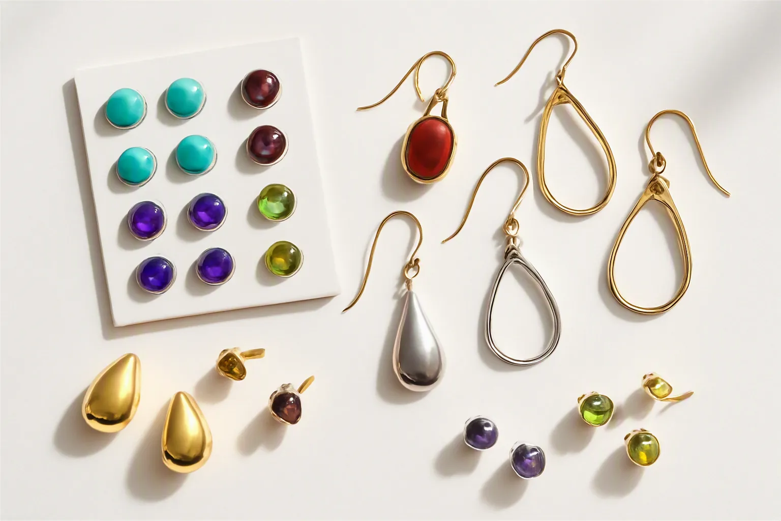 custom jewelry - Editorial flat-lay showing a range of drop earrings and stud earrings in gold-plated and rhodium-plated finishes, displayed alongside a gemstone selection grid featuring turquoise, garnet, amethyst, and peridot samples — illustrating how material choice drives style variation in fashion jewelry sourcing