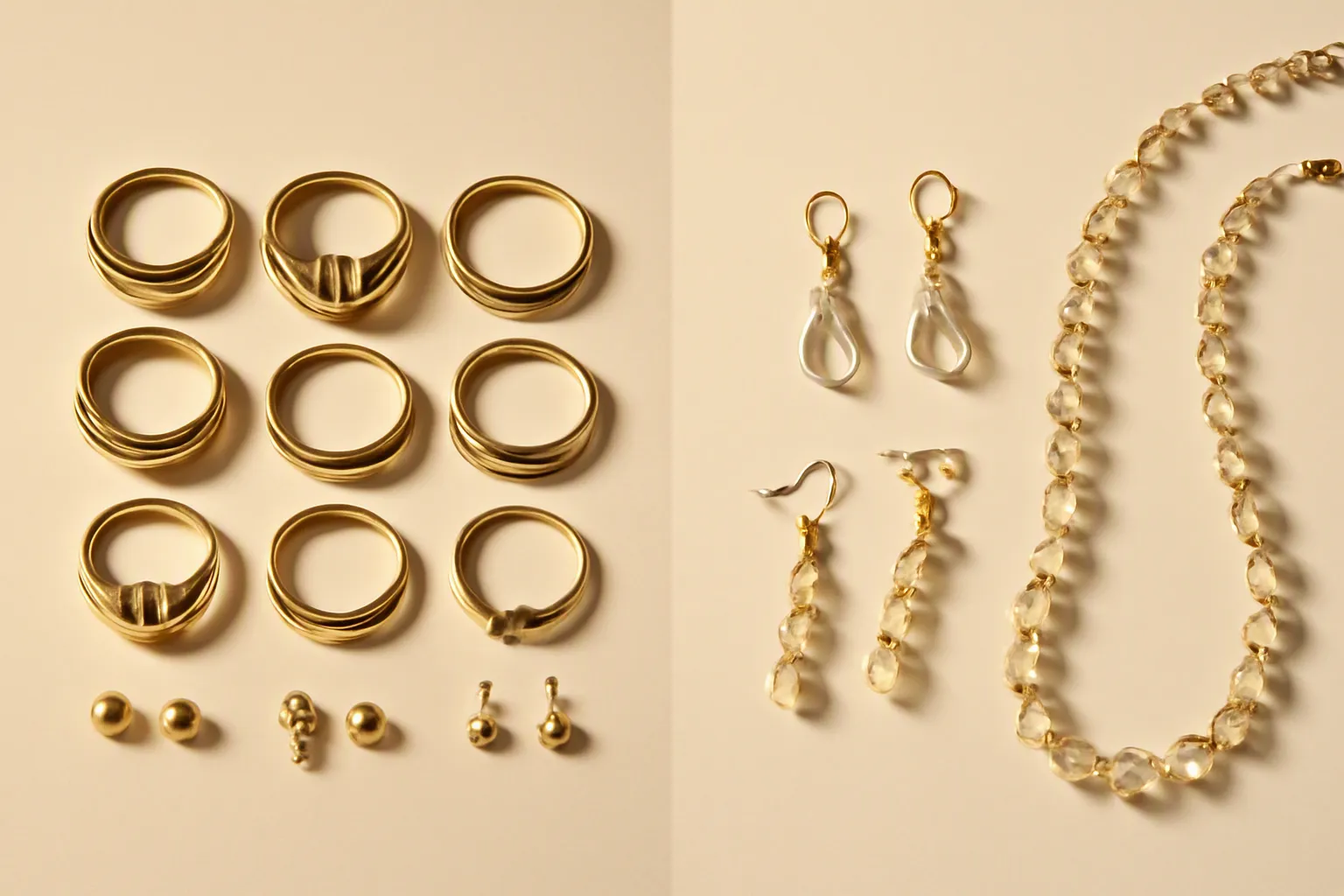 bijoux d'occasion - Photorealistic editorial photo of two jewelry collections side by side on a clean white surface — left side features vintage second-hand gold rings and earrings, right side shows new gold-plated crystal drop earrings and glass bead necklace sets — warm studio lighting, top-down composition, no text overlay