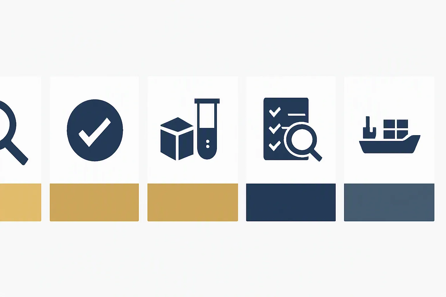 افضل استيراد من الصين - Clean flat-design infographic showing the five sequential stages of importing from China: (1) product research, (2) supplier verification, (3) sample order, (4) bulk order with QC inspection, (5) shipping and customs clearance — distinct color zones in navy blue, gold, and light gray, simple Arabic labels, white background, no decorative elements
