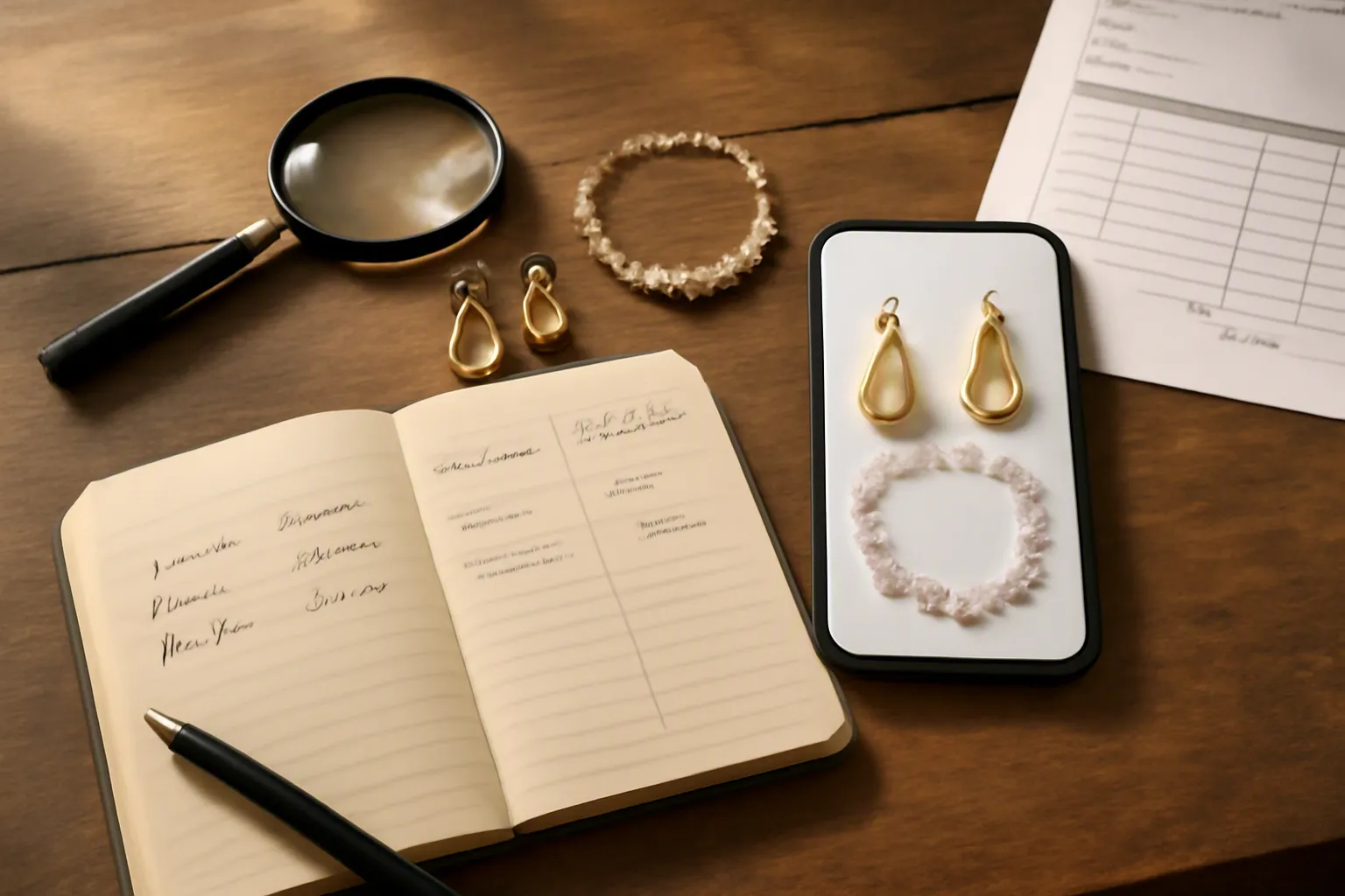 افضل استيراد من الصين - Editorial conceptual photo of a procurement workspace: an open notebook with handwritten supplier comparison notes, a smartphone displaying a jewelry catalog showing gold-plated drop earrings and crystal necklace sets, a magnifying glass resting on product samples, and a shipping invoice — natural side-lighting from a window, authentic working environment, no artificial staging