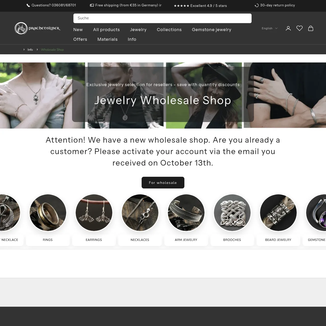 Drachensilber Wholesale Jewelry Shop interface