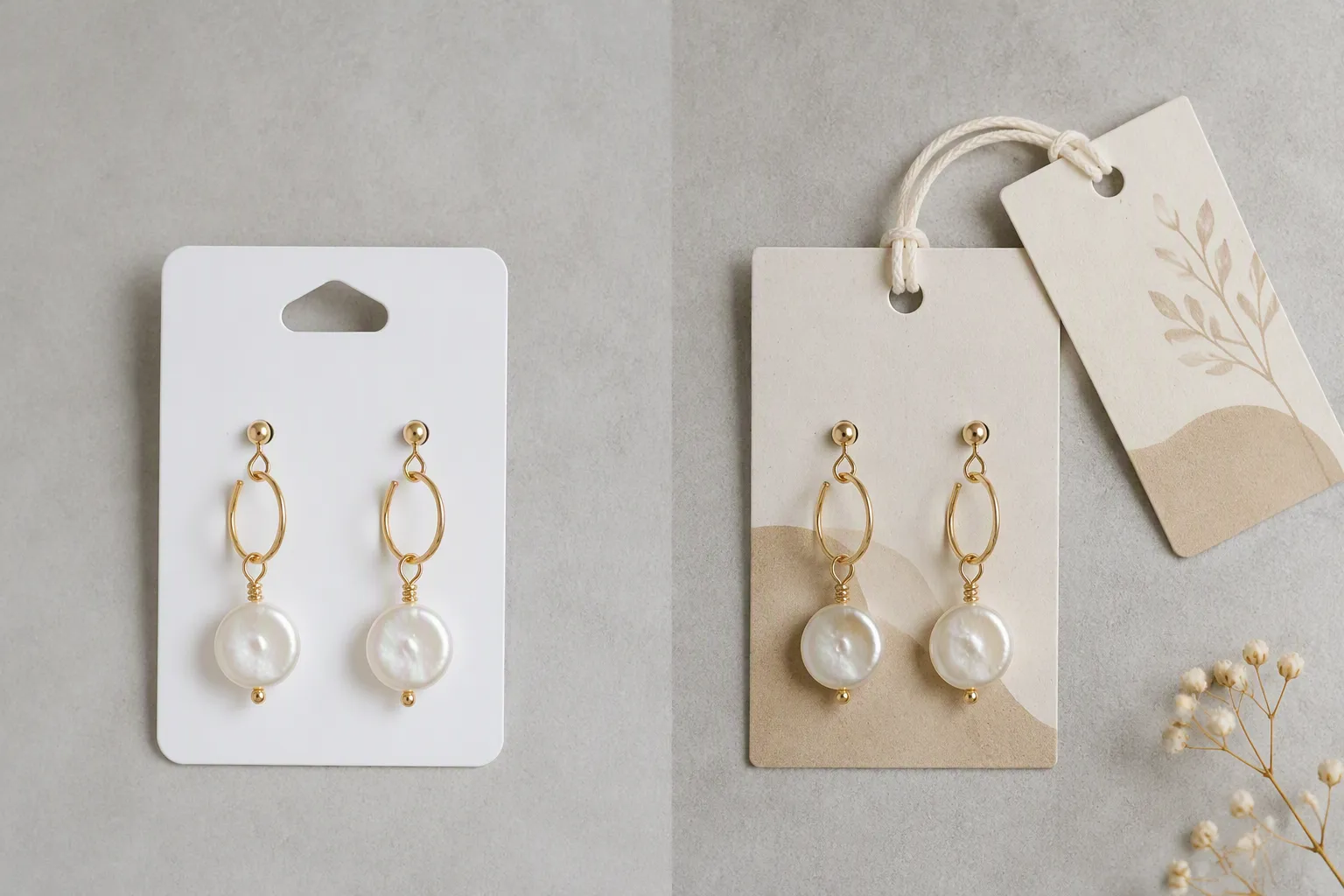 custom jewelry - Side-by-side editorial photo comparing a stock wholesale earring set (generic card packaging, no branding) against a custom OEM set with branded insert card and matching branded tag — illustrating the brand presentation gap