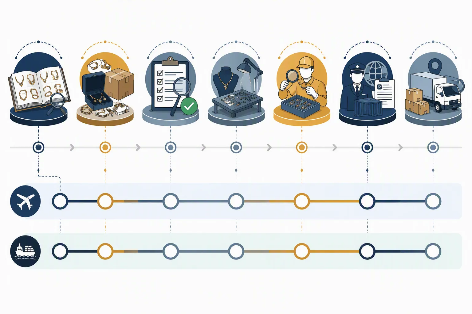 joyería bisutería - Diagrama de flujo del proceso de importación de bisutería desde China: catálogo → solicitud de muestra → aprobación QC → producción → inspección pre-envío → despacho aduanero → entrega, con tiempos estimados por fase para envío aéreo y marítimo