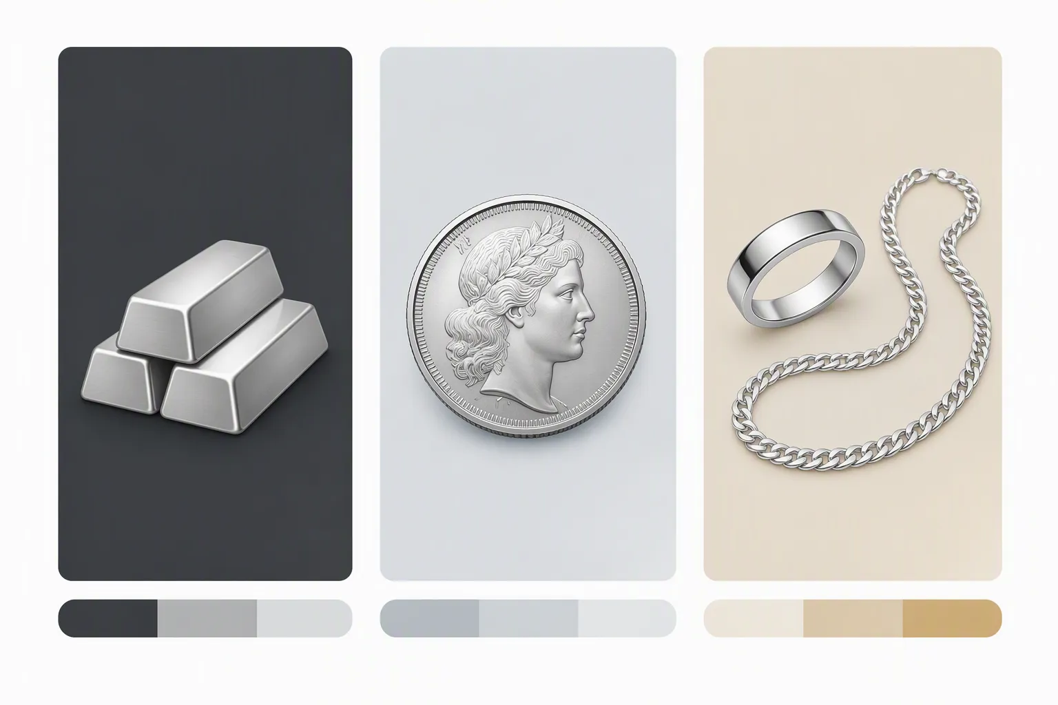 achat argent - Clean flat-design informational diagram on white background showing three vertical columns comparing silver purchase forms: left column shows a stacked silver bar icon (investment bars), center column shows a coin face icon (silver coins), right column shows a ring and chain icon (jewelry). Each column has a distinct color zone — dark charcoal / cool silver / warm champagne — with a horizontal bar below each showing relative price-per-gram range, simple geometric icons, no text labels