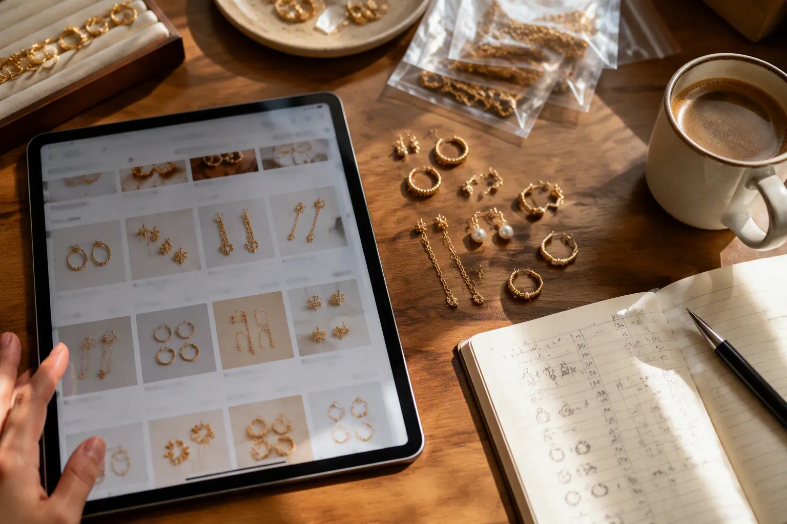 التسوق من الصين - Photorealistic overhead shot of a wooden desk with a tablet displaying an Arabic-language Chinese e-commerce product page, surrounded by small gold-plated earring samples, a notebook with handwritten supplier notes in Arabic, and a coffee cup — warm natural window light, authentic sourcing workspace feel, no text overlays