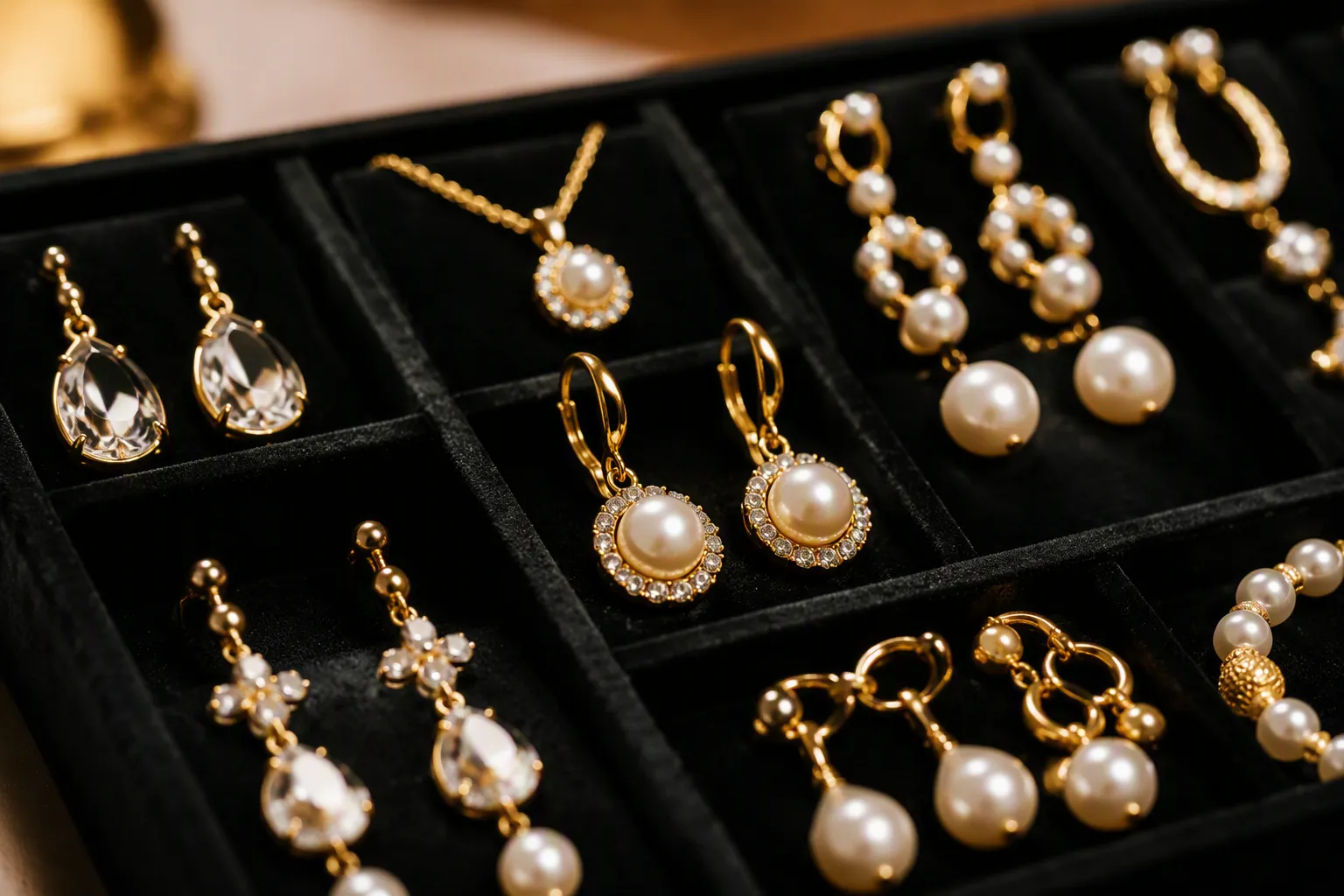 hochwertiger modeschmuck online shop - Nahaufnahme eines Sortiments hochwertiger vergoldeter Modeschmuck-Kollektionen — Drop-Ohrringe, Perlen-Sets und Kristall-Anhänger auf einem Samtstoff-Display, typisch für einen deutschen Schmuck-Online-Shop