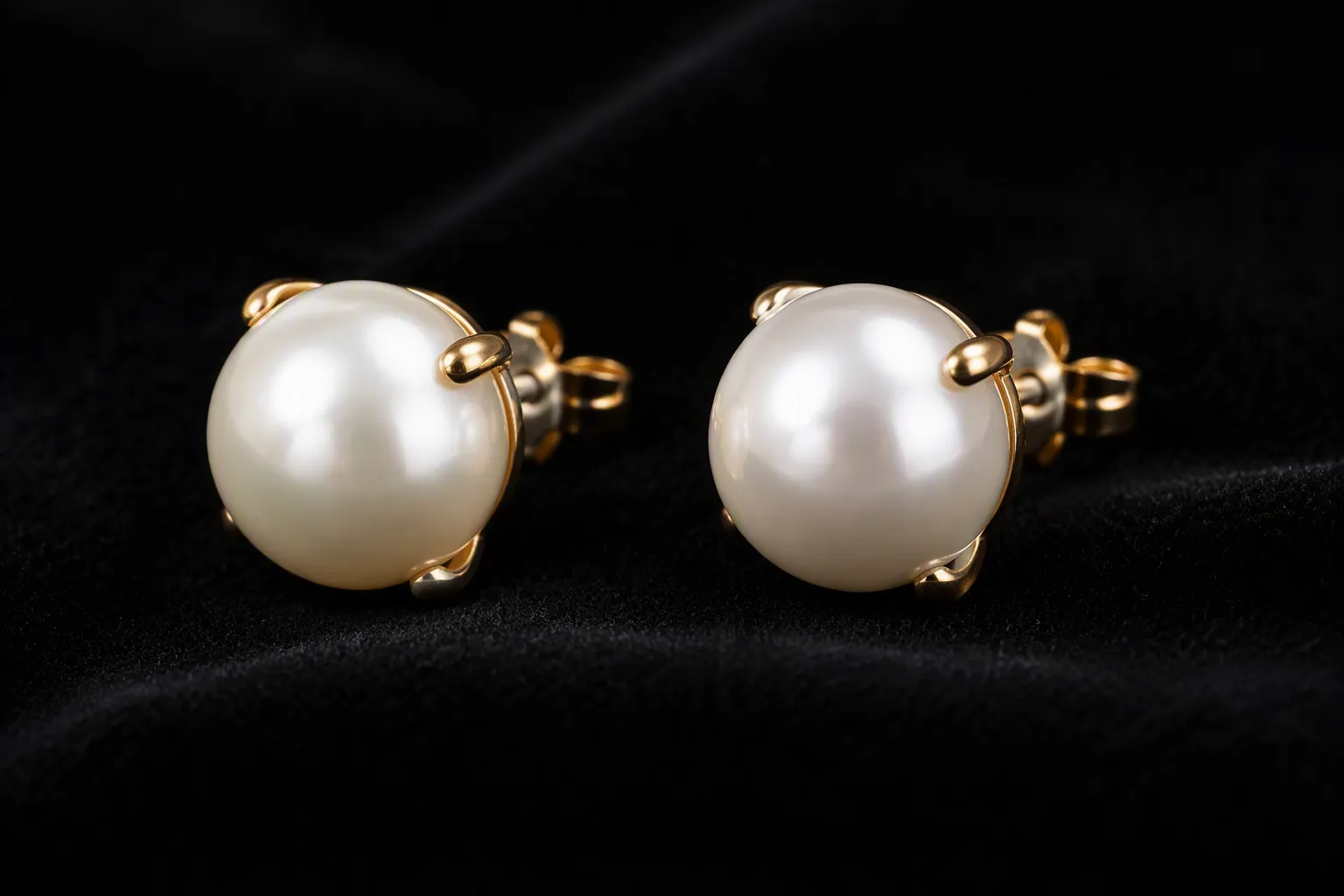 pendientes perlas oro - Fotografía editorial de pendientes de perlas blancas en montura de oro sobre terciopelo negro, con etiquetas de materiales visibles — perla cultivada, oro 18KT — que ilustran las diferencias de acabado entre tipos de producto